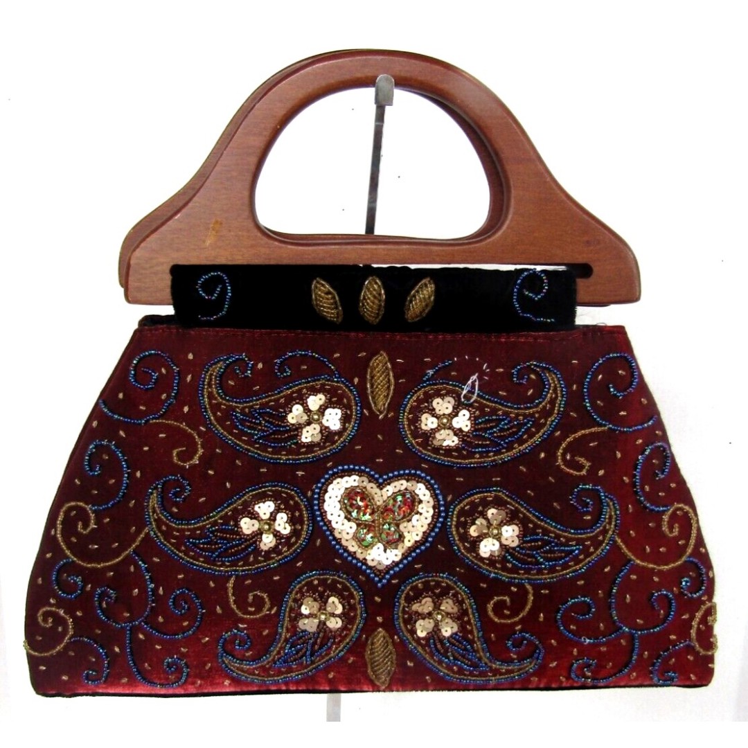 Vintage M&W Large Beaded Sequin Purse Wooden Handles Velvet Trim Satin Lined