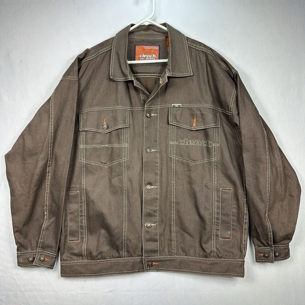 Clench 701 Jeans Brown Denim Jacket Button Up Mens XL Hip Hop Baggy 90s