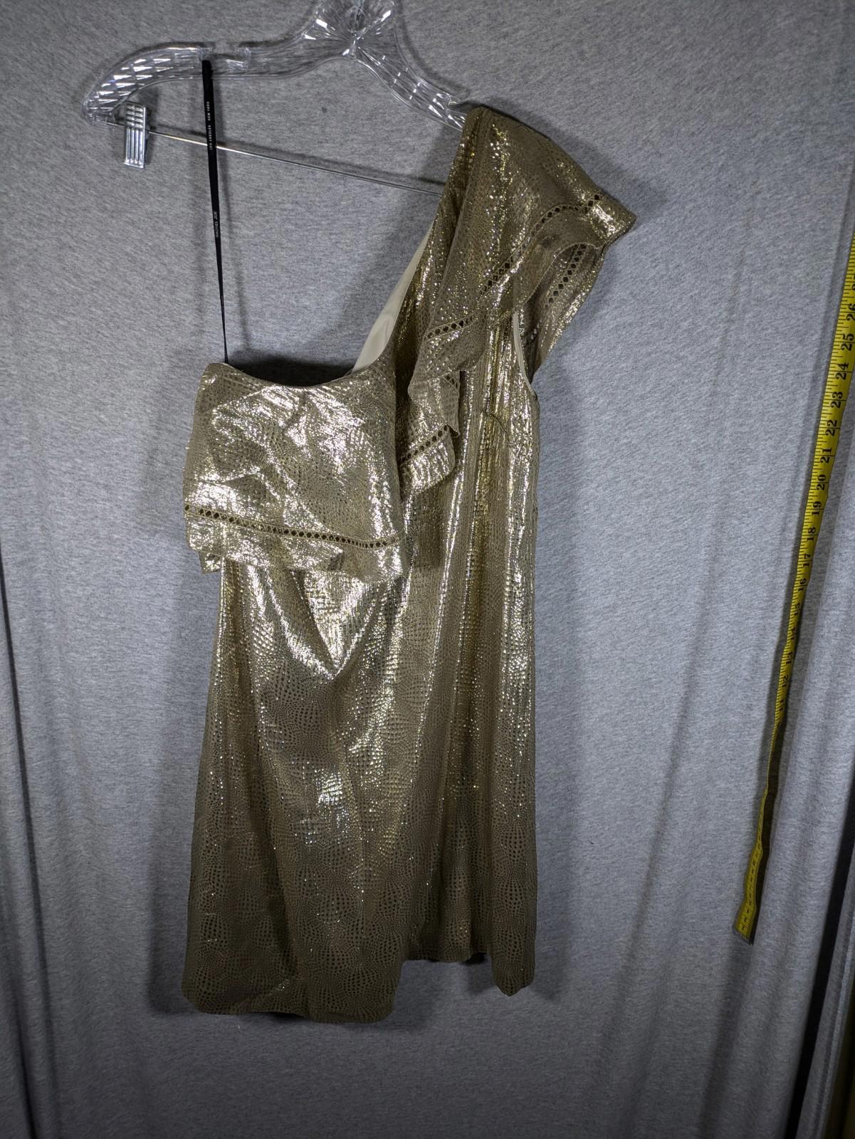 Rachel Zoe Dress Womens 8 One Shoulder Gold Metallic Party Cocktail Ruffle