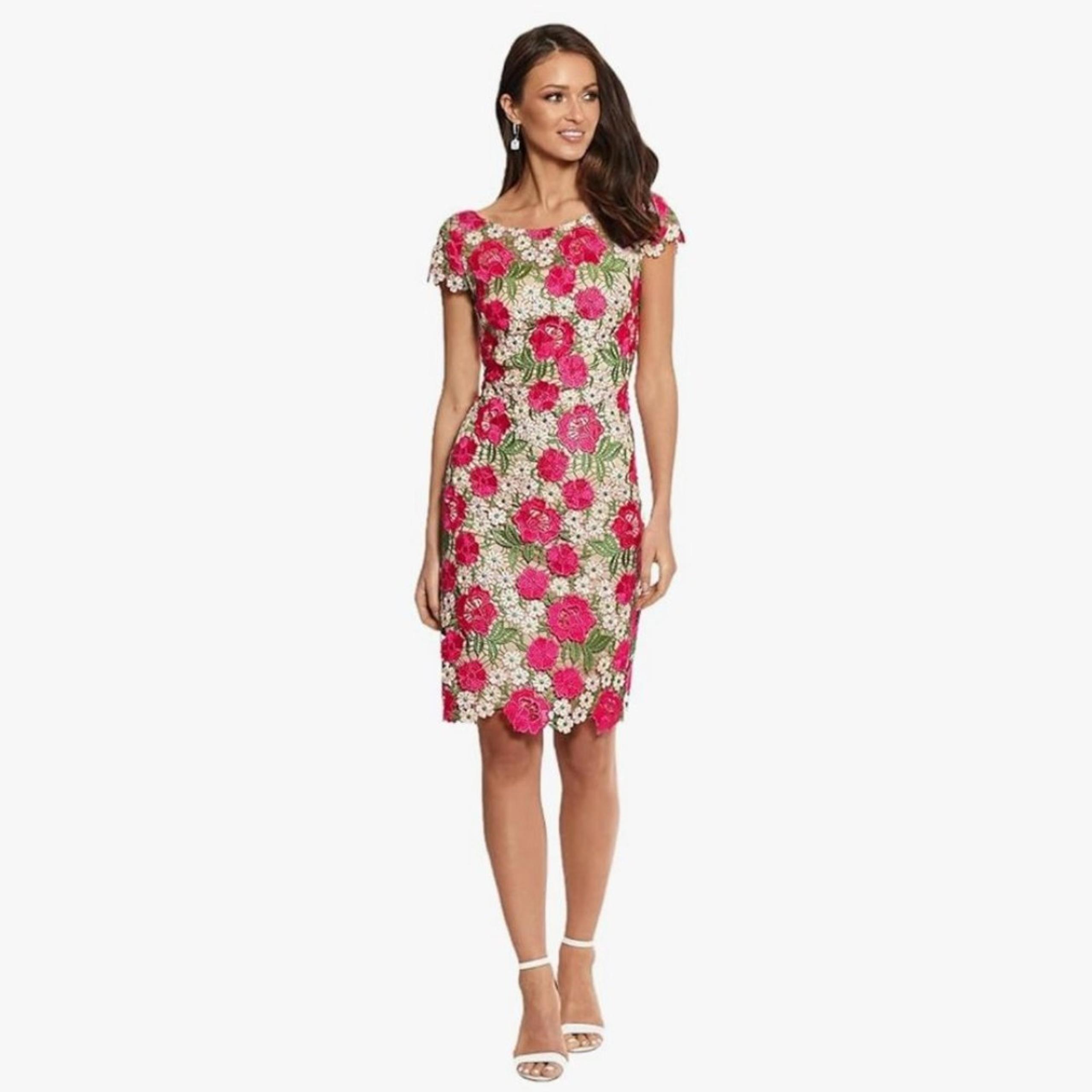 Xscape Women's Short Sleeve Floral Lace Embroidered Sheath Midi Dress Size 4
