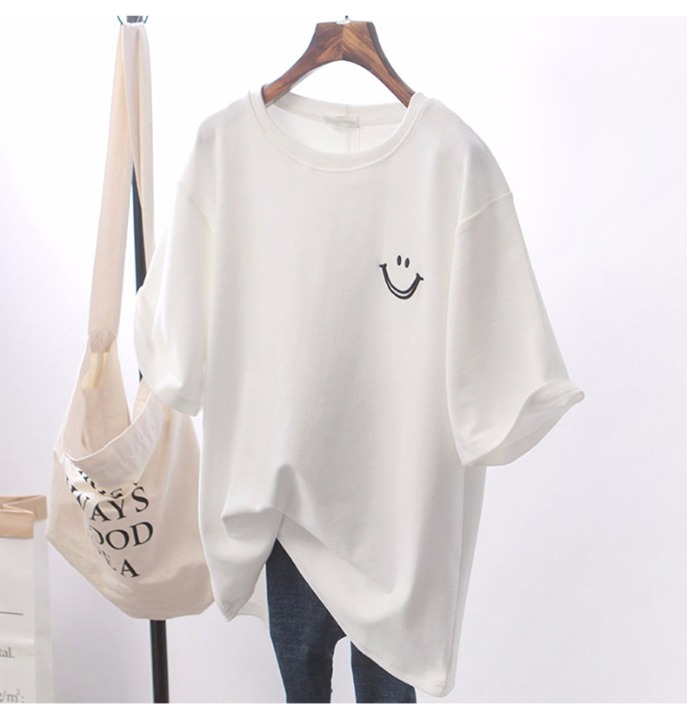t-shirt Top T Shirt Women Tshirt Loose Smile White Short Sleeve Girls New Woman