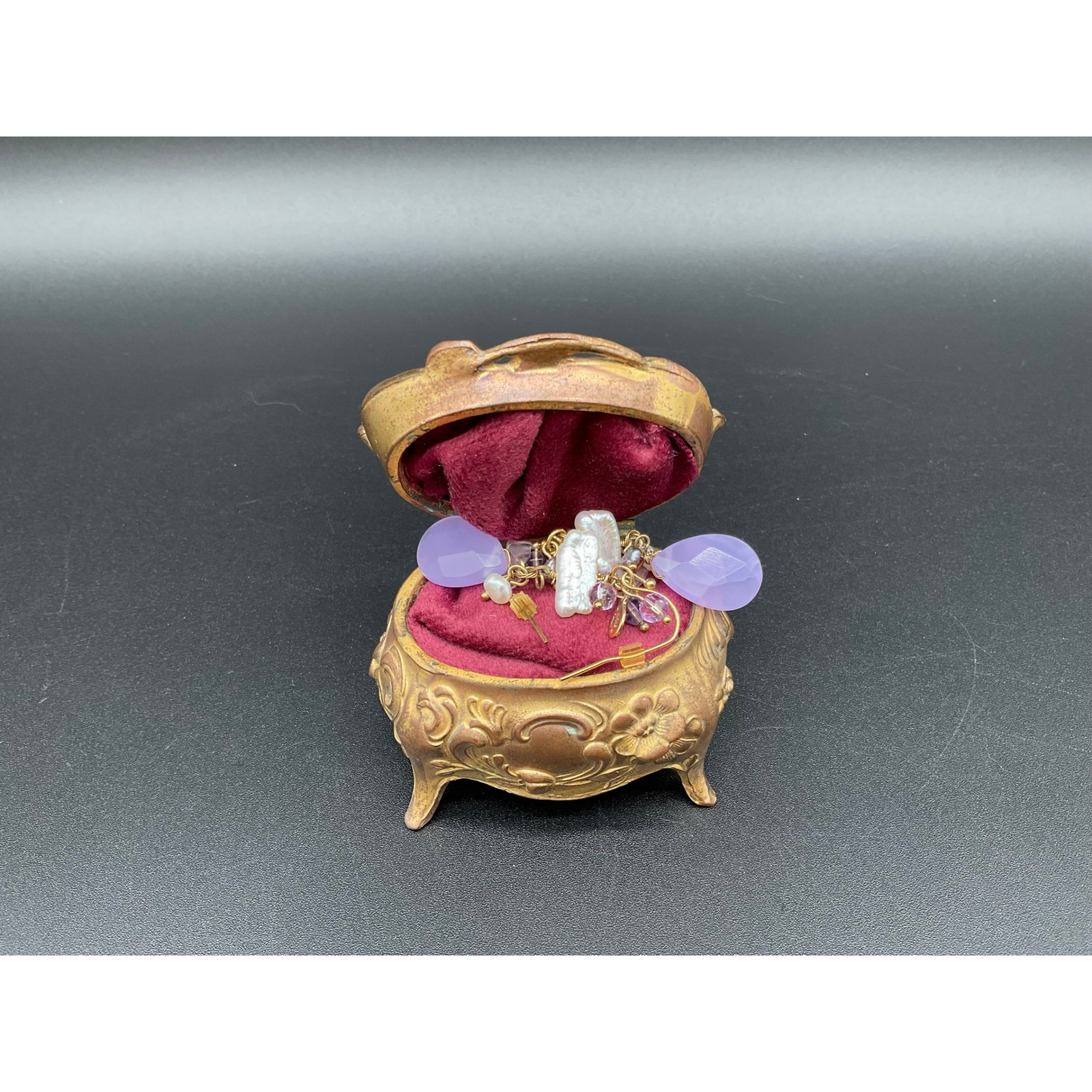 Kirks Folly Dangle Earrings Purple Chalcedony Baroque Pearl Gold Tone Fairycore