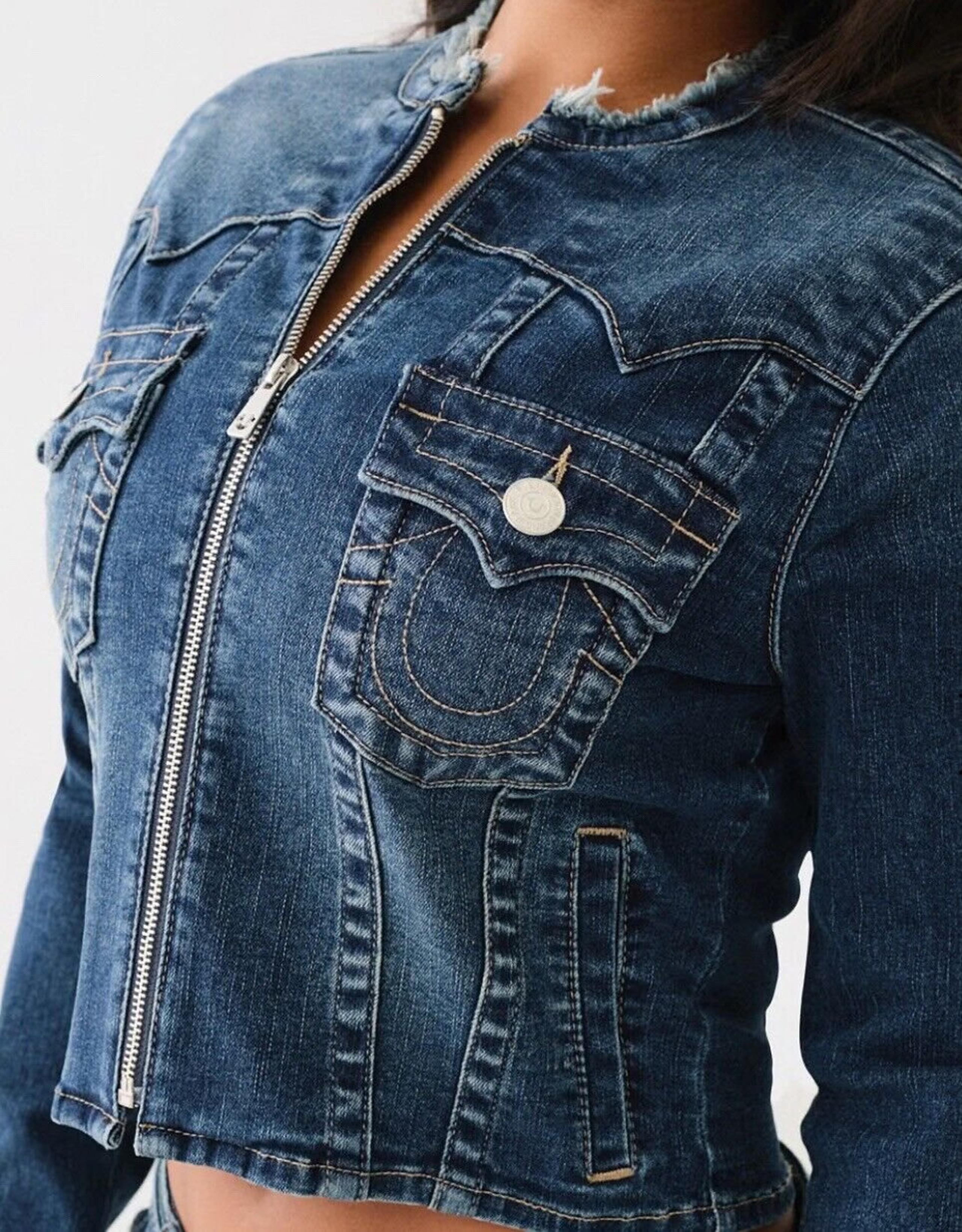 True Religion Jimmy Frayed La Serena Crop Zip Denim Jacket Womens Size Medium