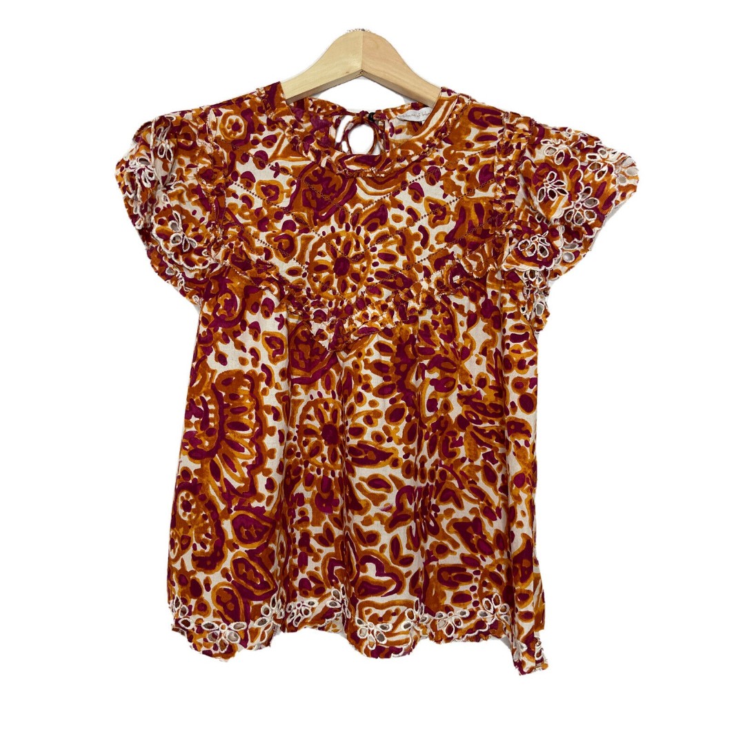 House Of Harlow 1960 Floral Eyelet Ruffle S/ Sleeve Blouse Orange Red Womens SM