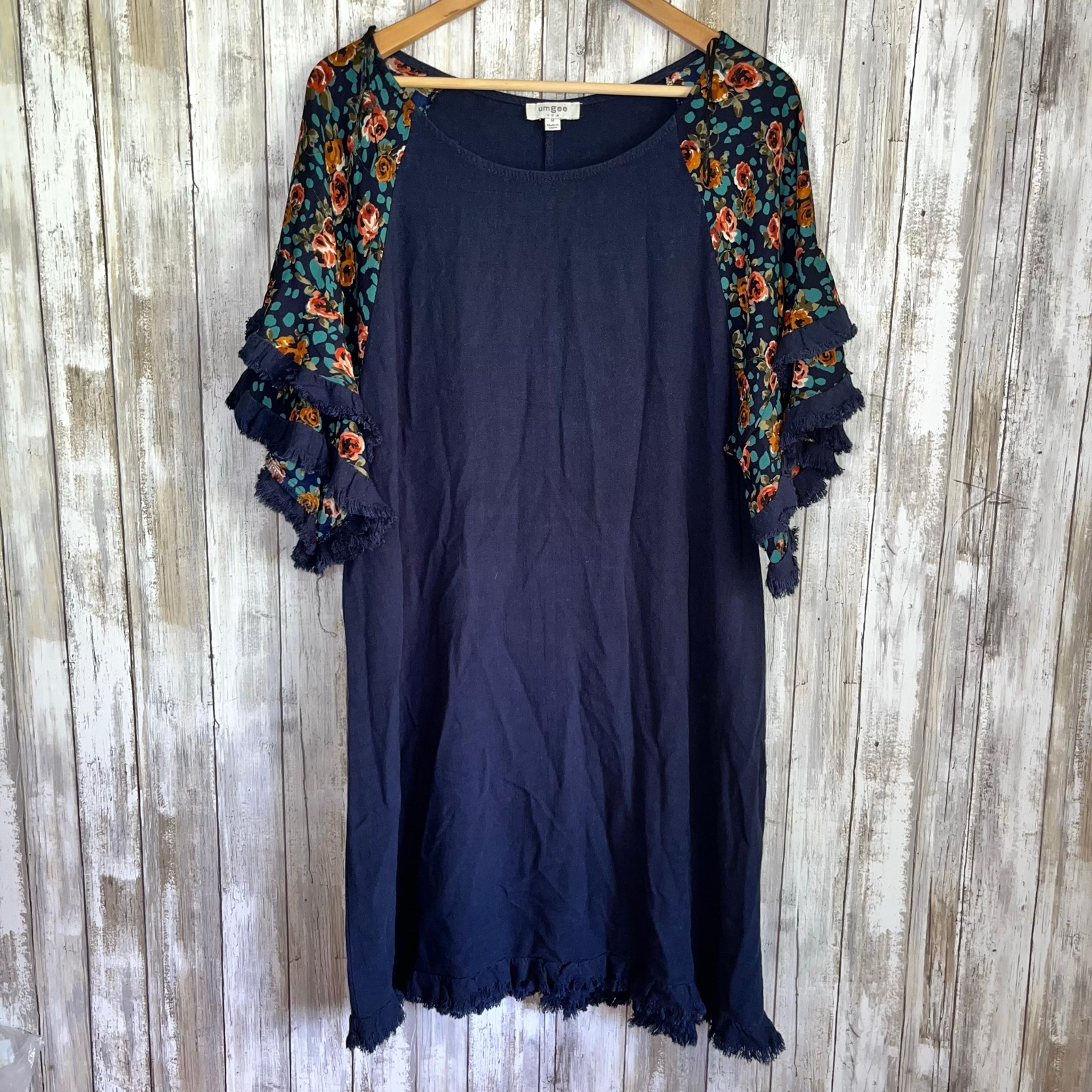 Umgee Navy Printed Accent Flutter Sleeve Fray Edge Dress