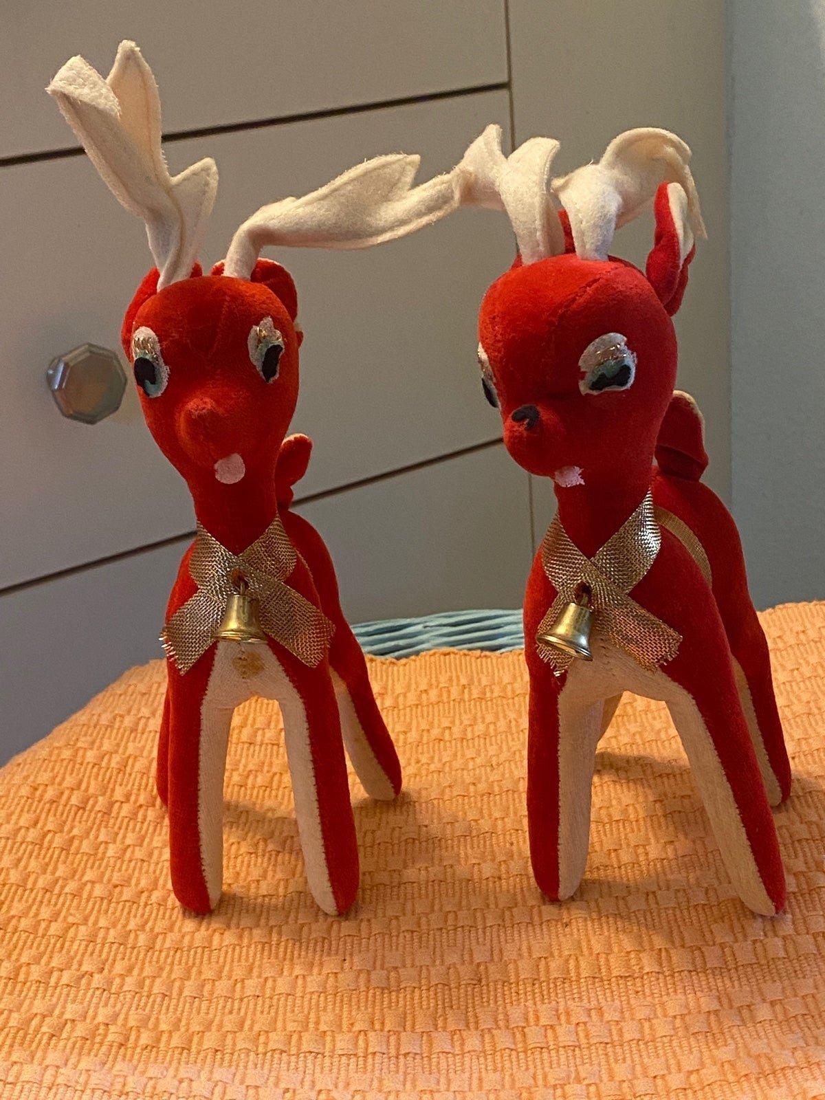 Vintage Christmas stuffed HTF Red /white felt /velvet reindeer decor Japan