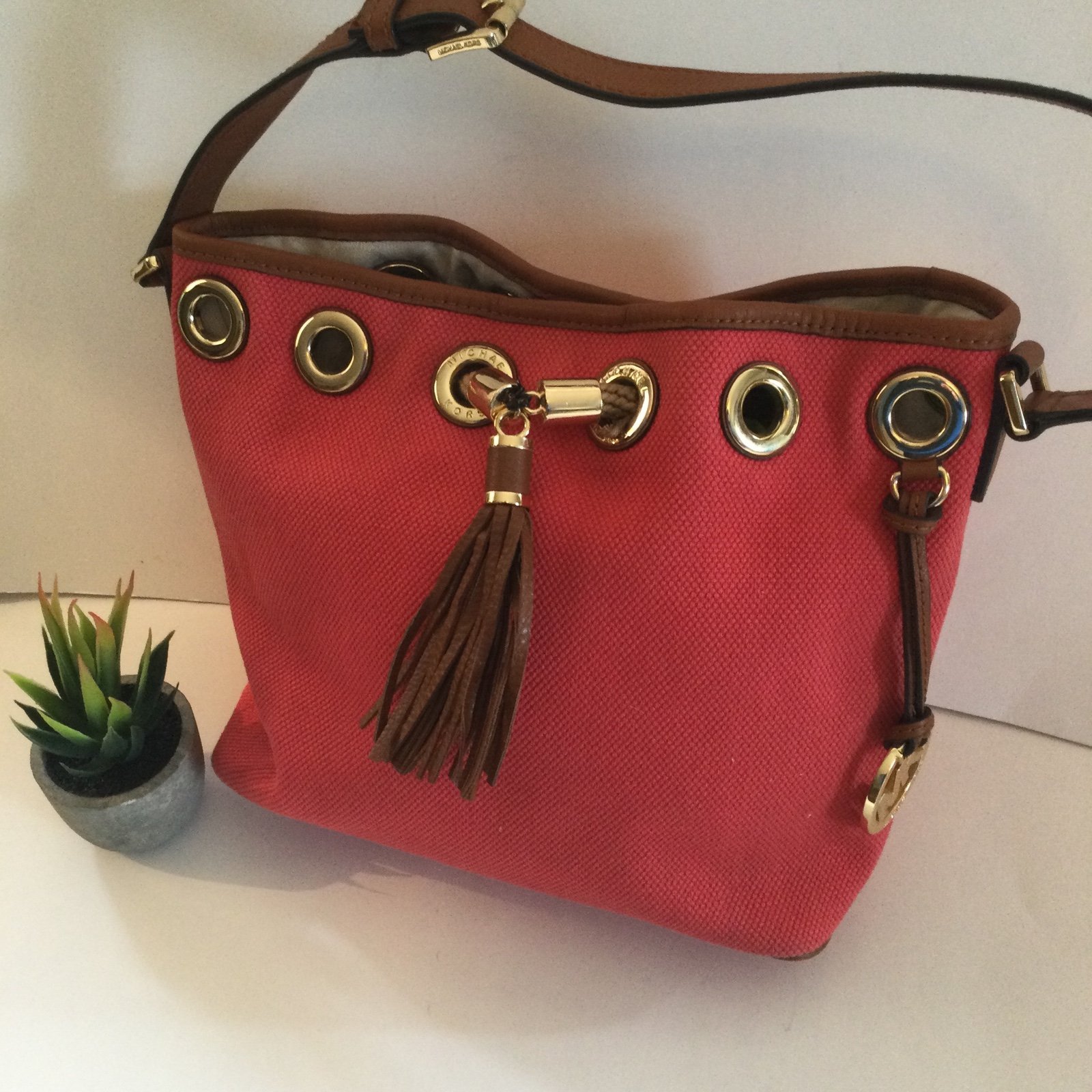 Michael Kors Dark Pink/Light red Pebbled Fabric Handbag Leather Tassel Gold Trim