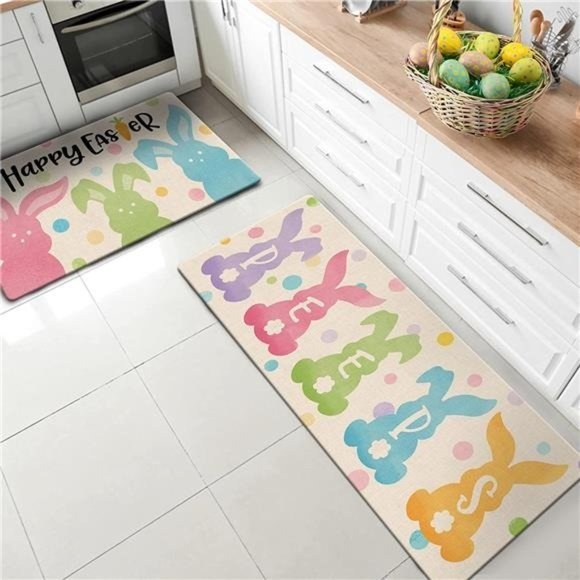 Happy Easter Bunny Peeps Decorative Kitchen Rugs Set of 2, Colorful Rabbit