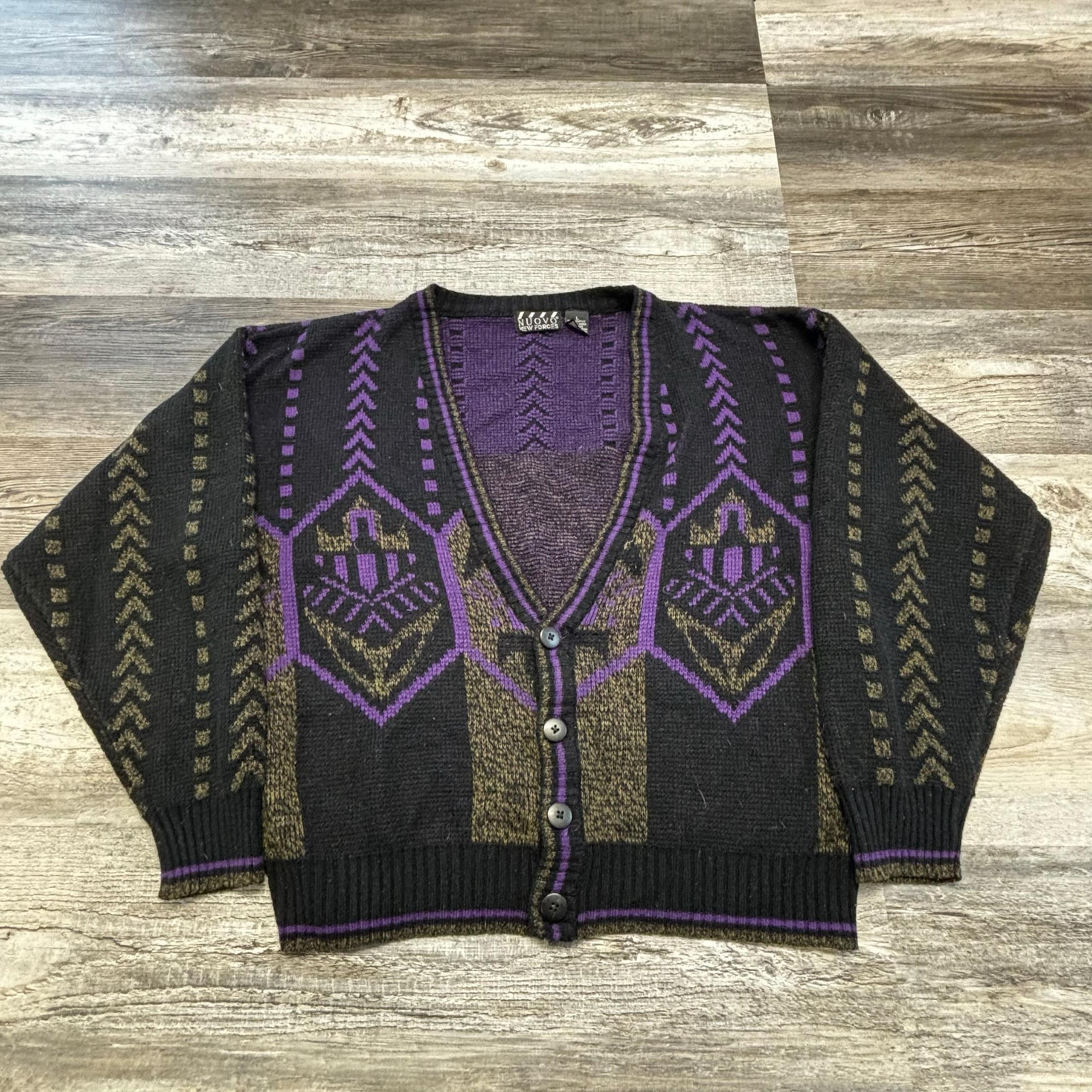 Vintage 90s Nuovo New Forces Black Purple Men L Geometric Jazzy Cardigan Sweater