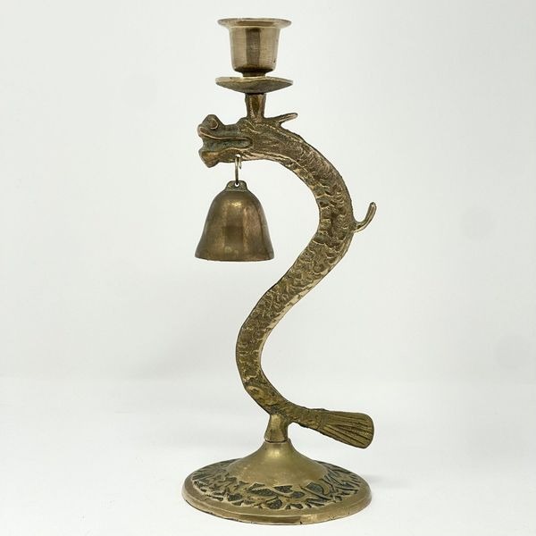 Vintage Brass SERPENT DRAGON Candlestick Taper Candle Holder Bell Gold 8.5”