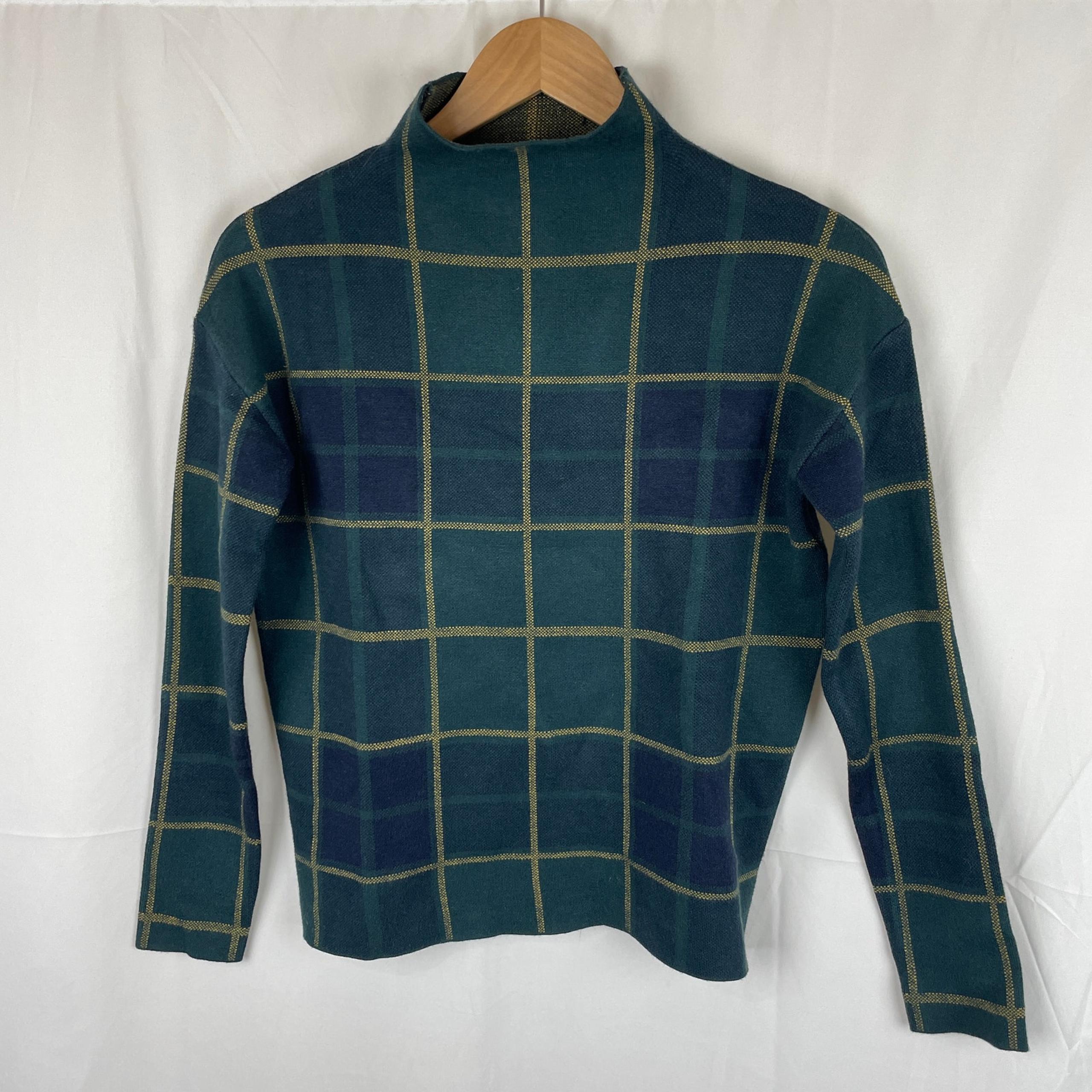 Tahari Women's Oversized Green Plaid Mock Neck Long Sleeve Sweater Size XS