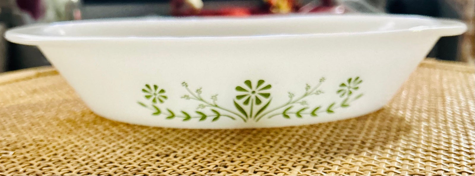 Vintage Glasbake Daisy Plate, J2352 White, Green Floral, Oval Bowl, Milk Glass,