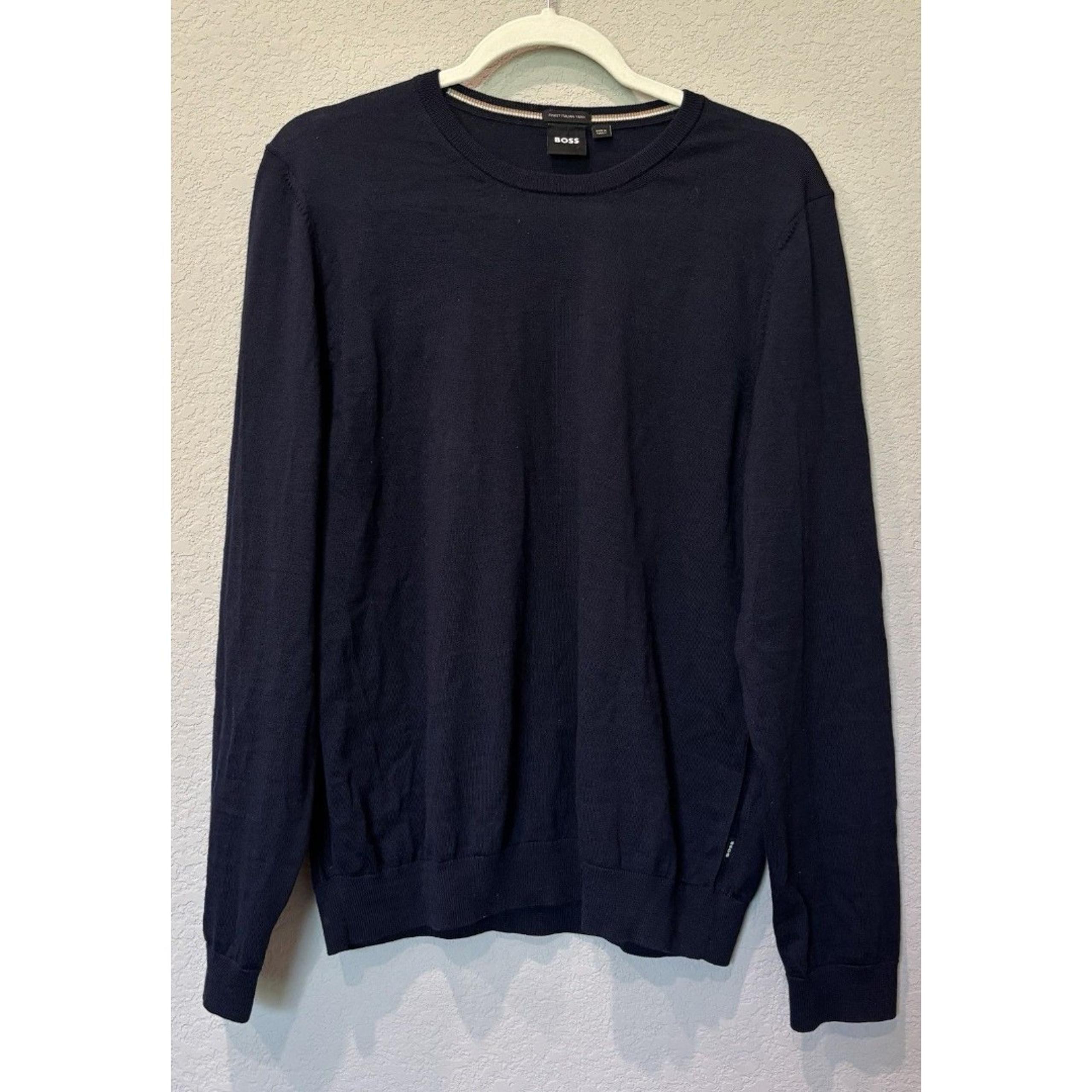 BOSS Hugo Boss Mens M Leno Slim Fit Navy Blue Italian Virgin Wool Dress Sweater