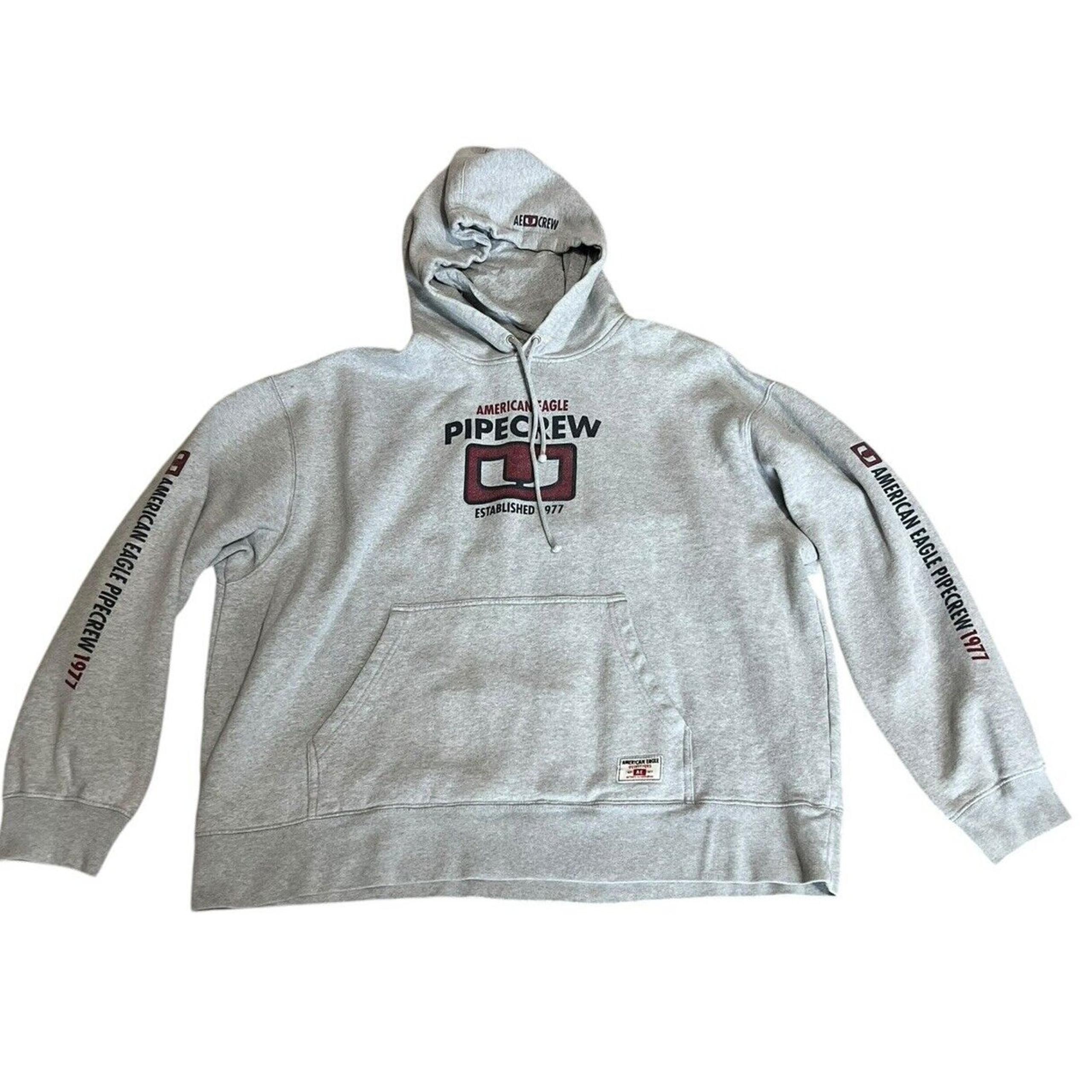 Y2K American Eagle Hoodie Mens XL Gray Pipe Crew Skater Graphic Relaxed Fit