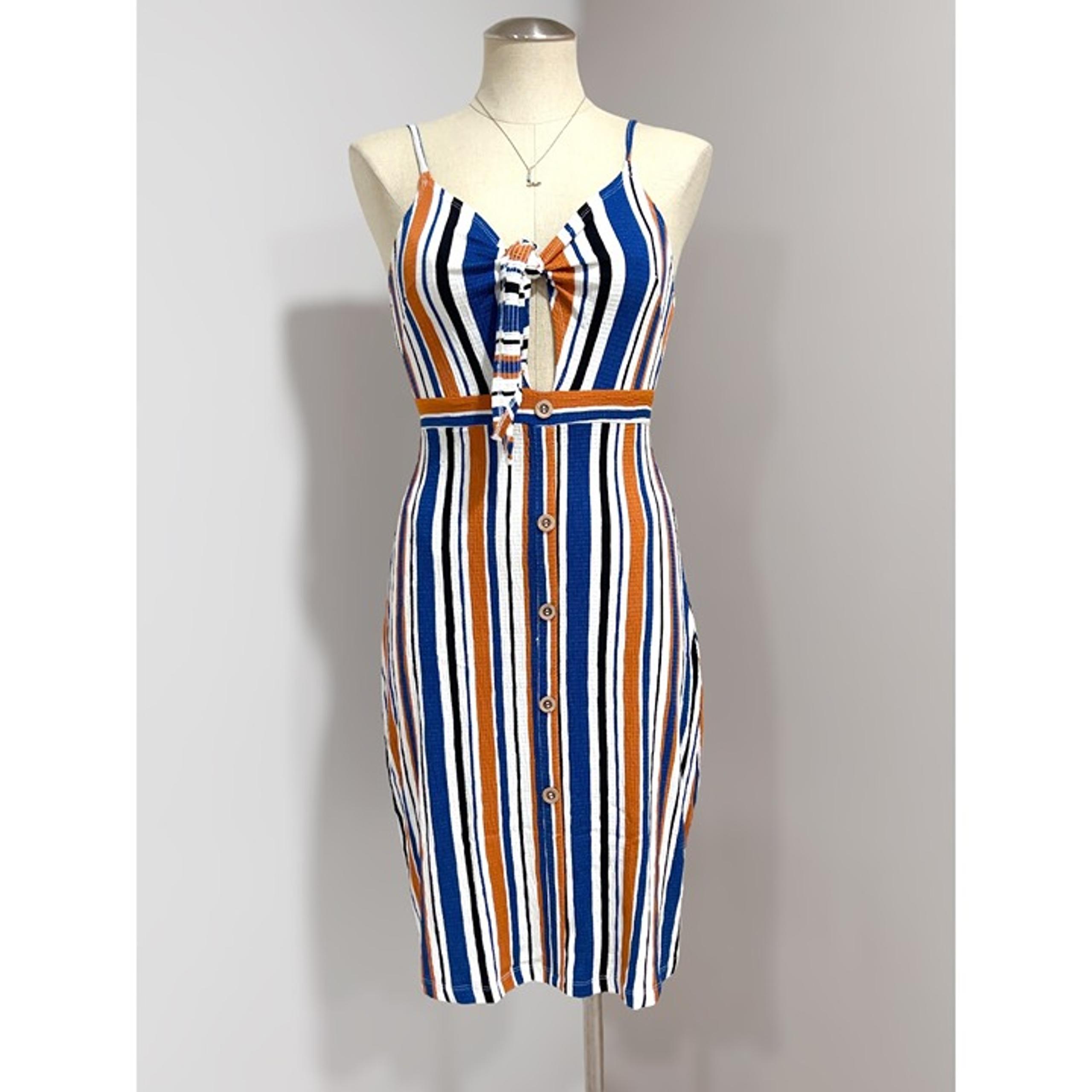 Love Tree Women's Blue Multicolor Striped Tie-Front Cutout Midi Dress Size S