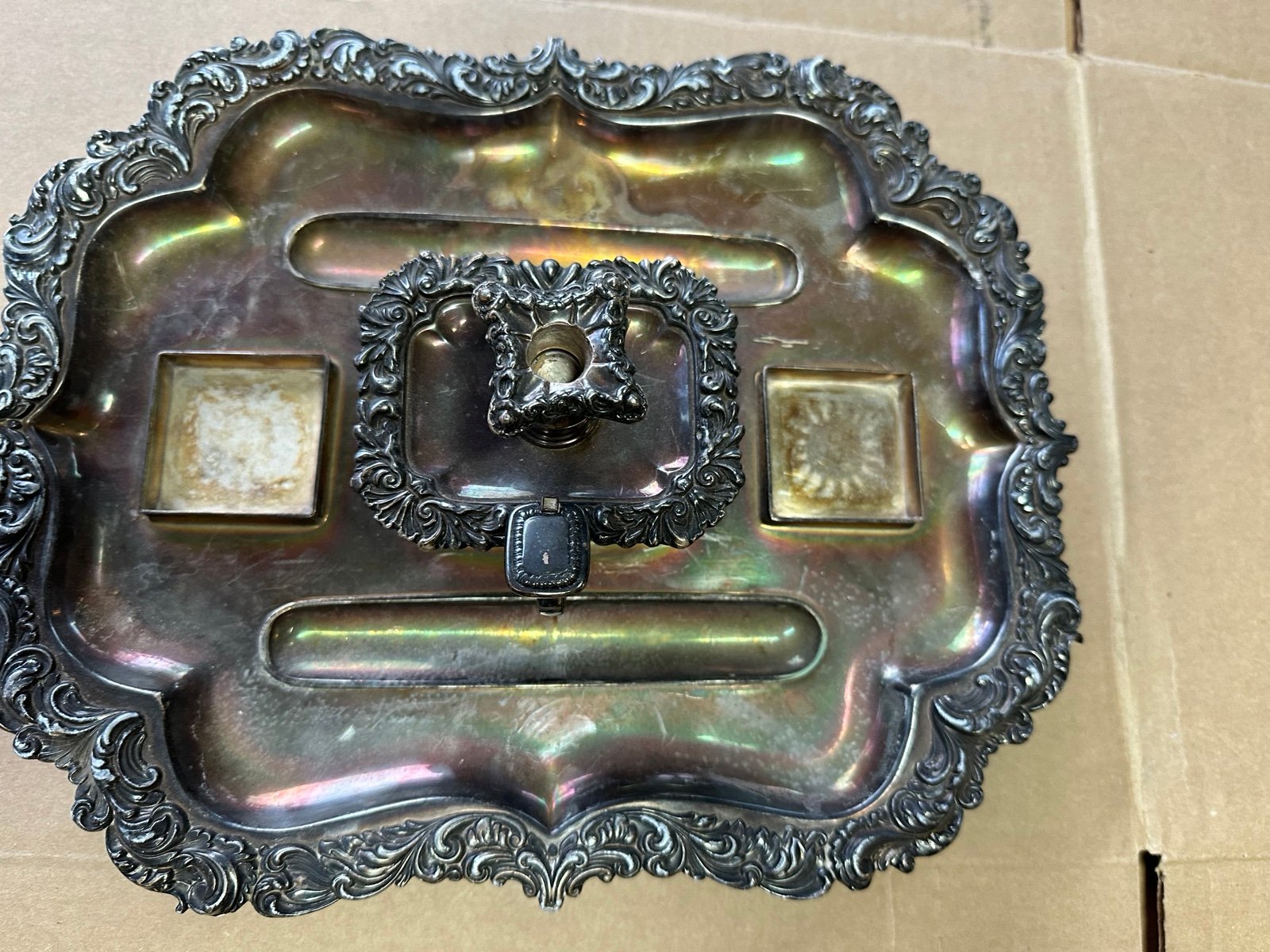 Antique Victorian Silverplate on Copper Inkwell set