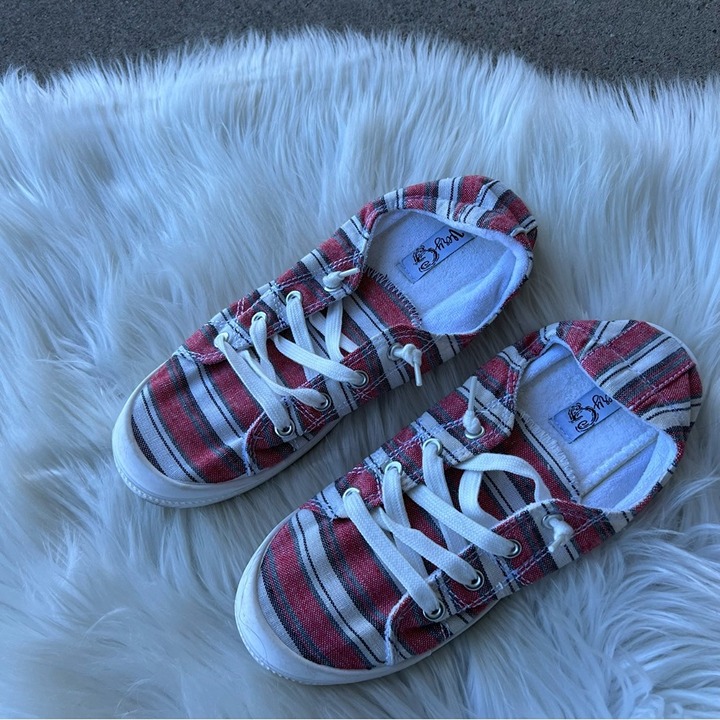 Very G Red and Gray Striped Terry Cloth Sneakers