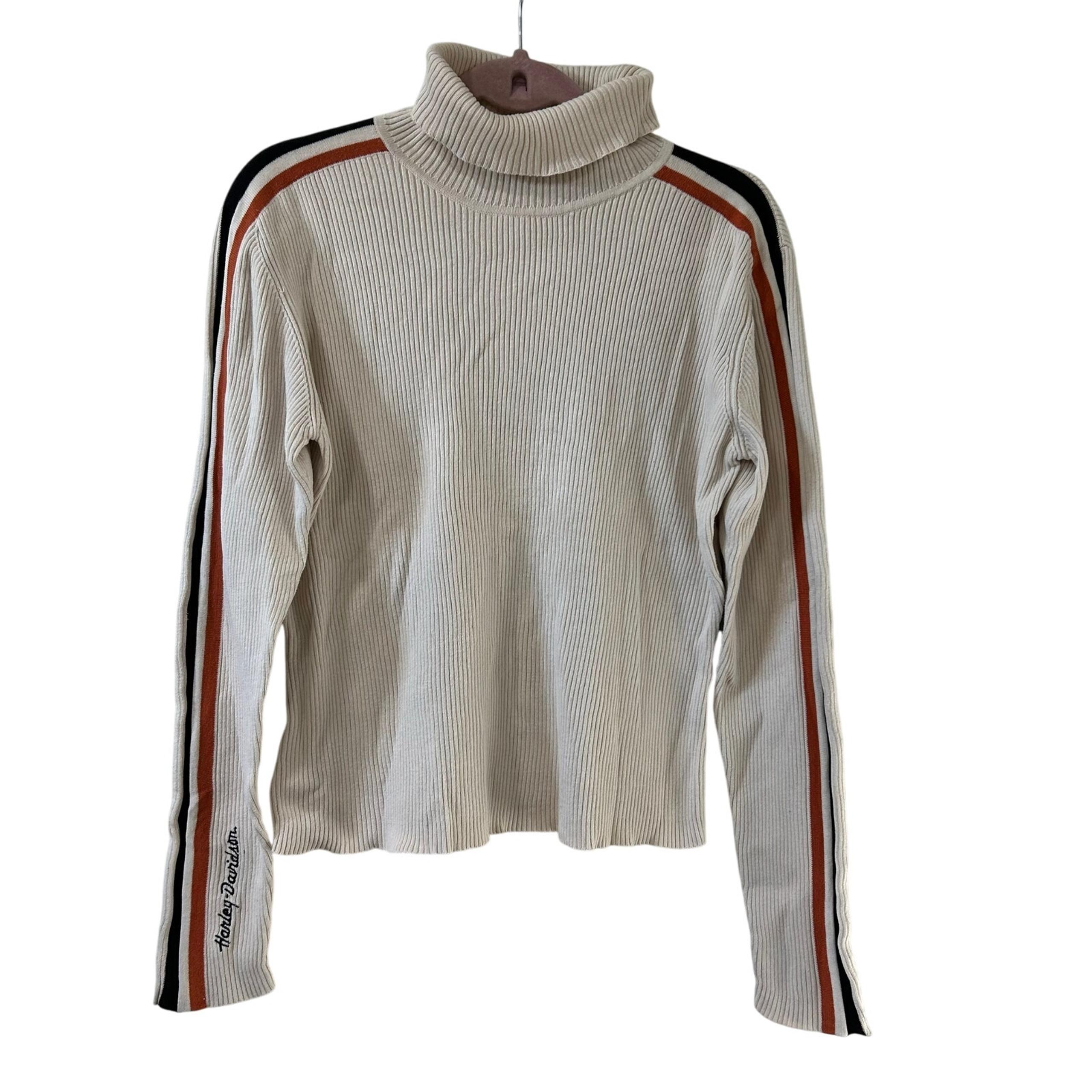 Harley Davidson Womens Sz XL Tan Ribbed Turtleneck Sweater Y2K Preppy Biker