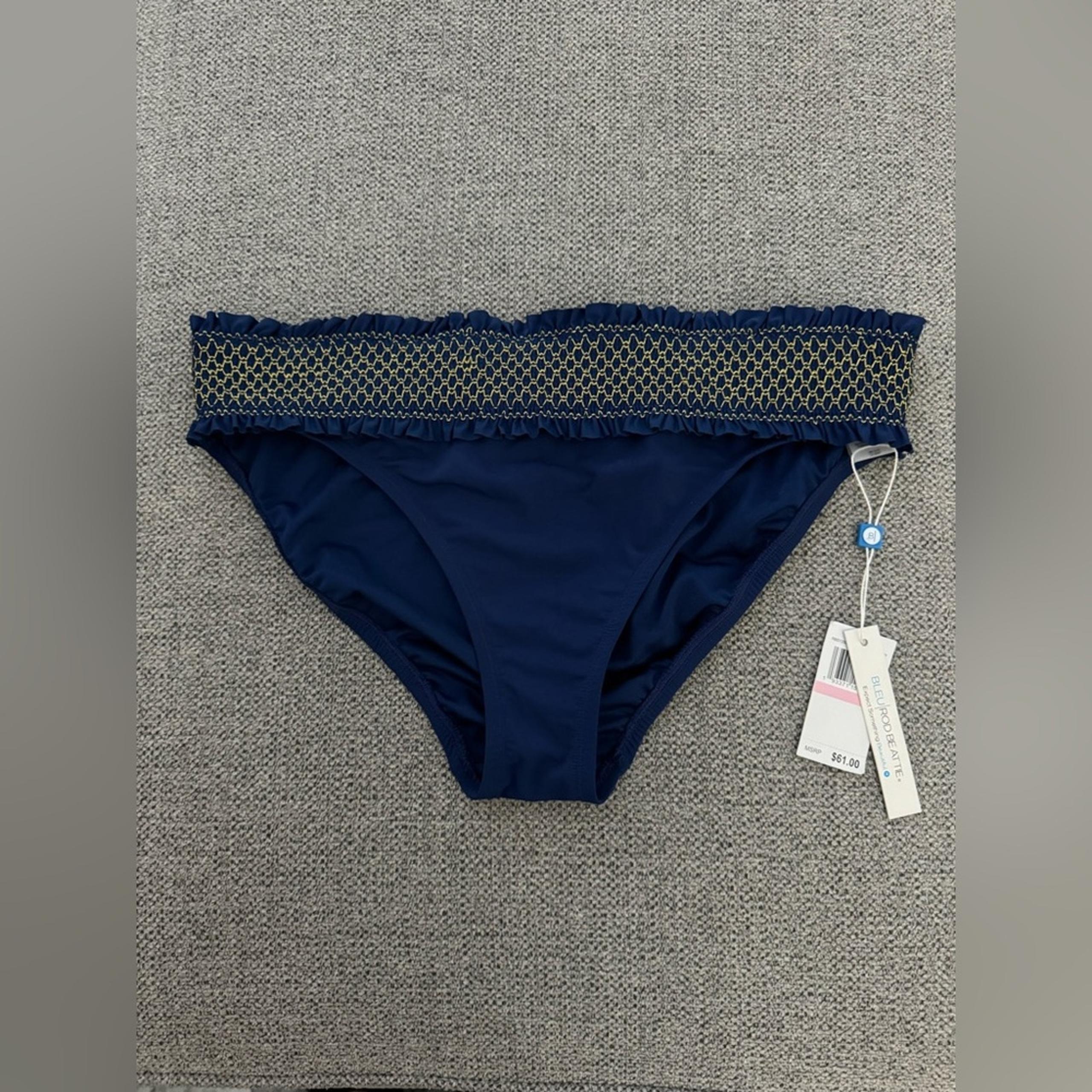 NWT Size 10 Bleu Rod Beattie Dark Blue Ruffle Embroidered Bikini Bottom