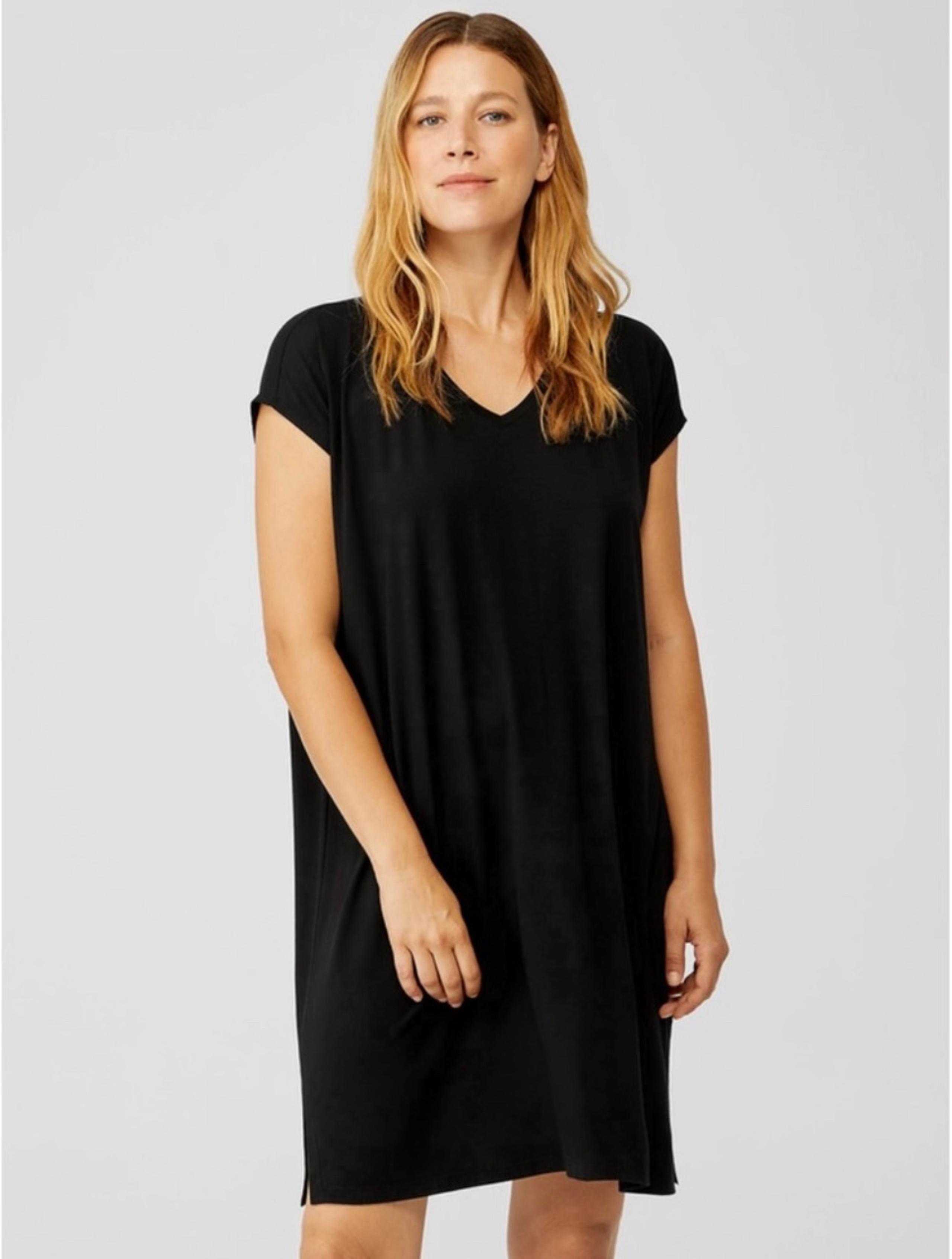 Eileen Fisher Black High-Low Casual V-Neck Short Sleeve T-Shirt Dress