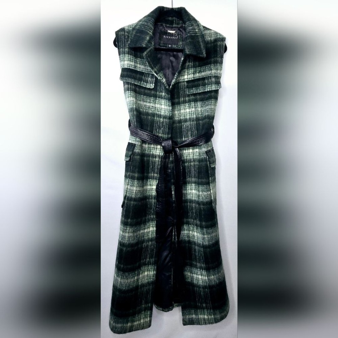 Women's Bernardo Plaid Sleeveless Wool Blend Wrap Coat Green, Cream & Black XL