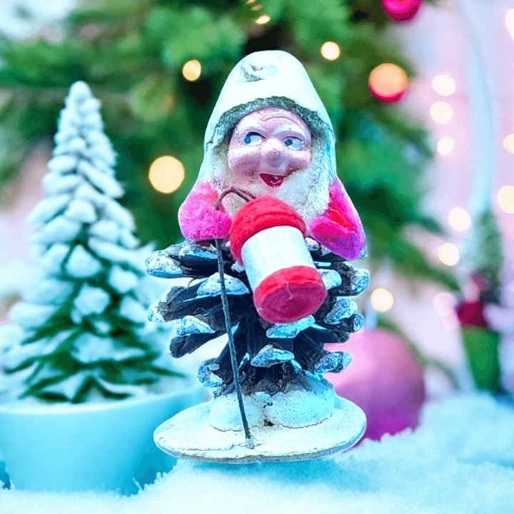 Putz Elf Ornament Pinecone Red Lantern Chenille Arms Felt Mica Snow Japan 1950s