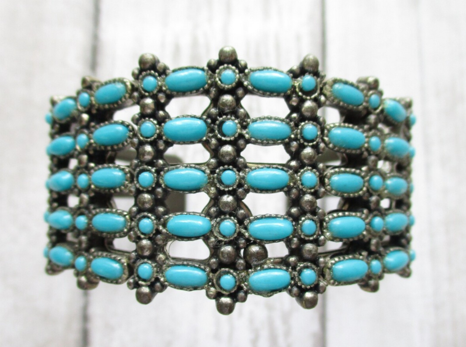 Vintage Wide Sancrest Zuni Inspired Cuff Bracelet Faux Turquoise Southwestern