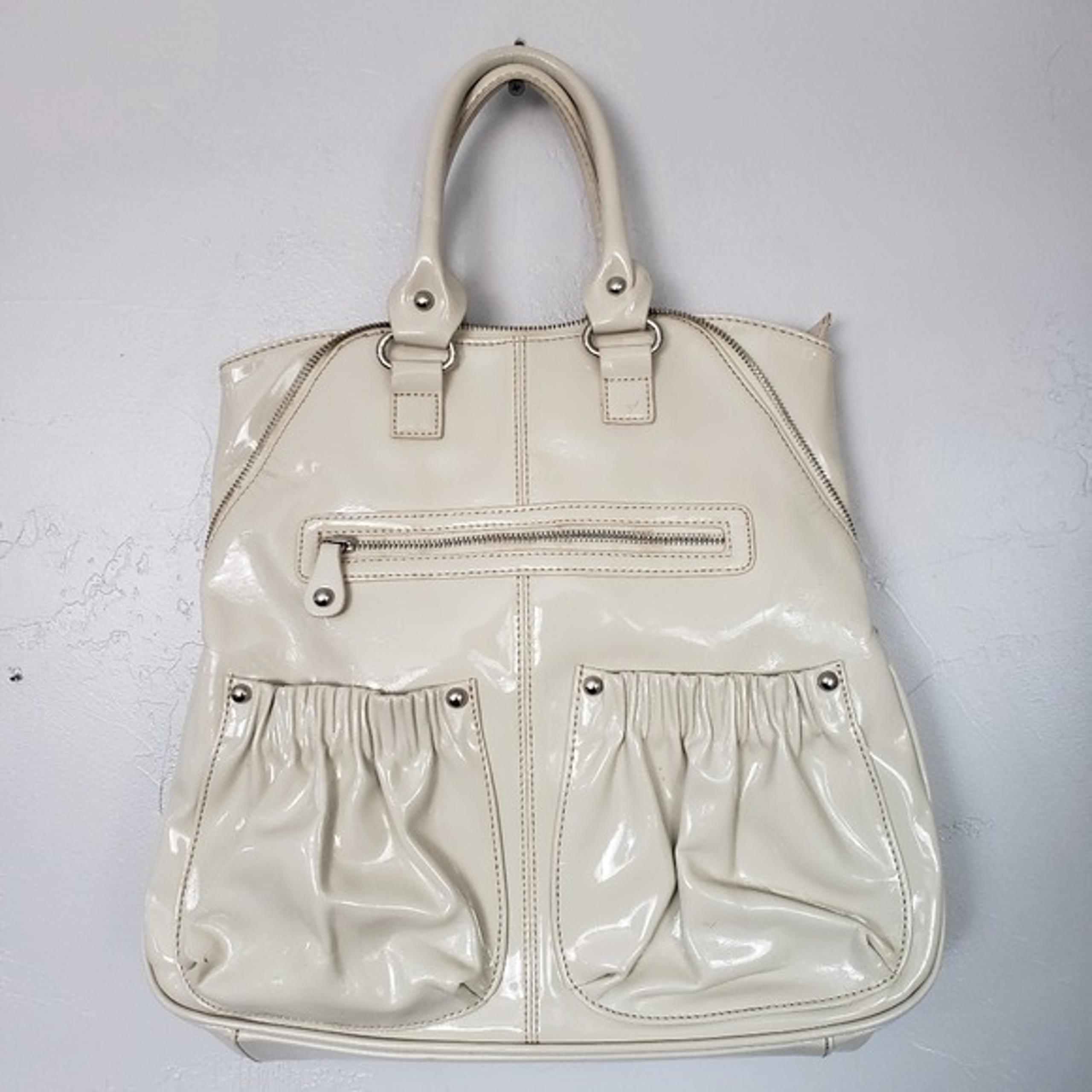 Barneys New York Ivory Patent Leather Handbag Purse Tote