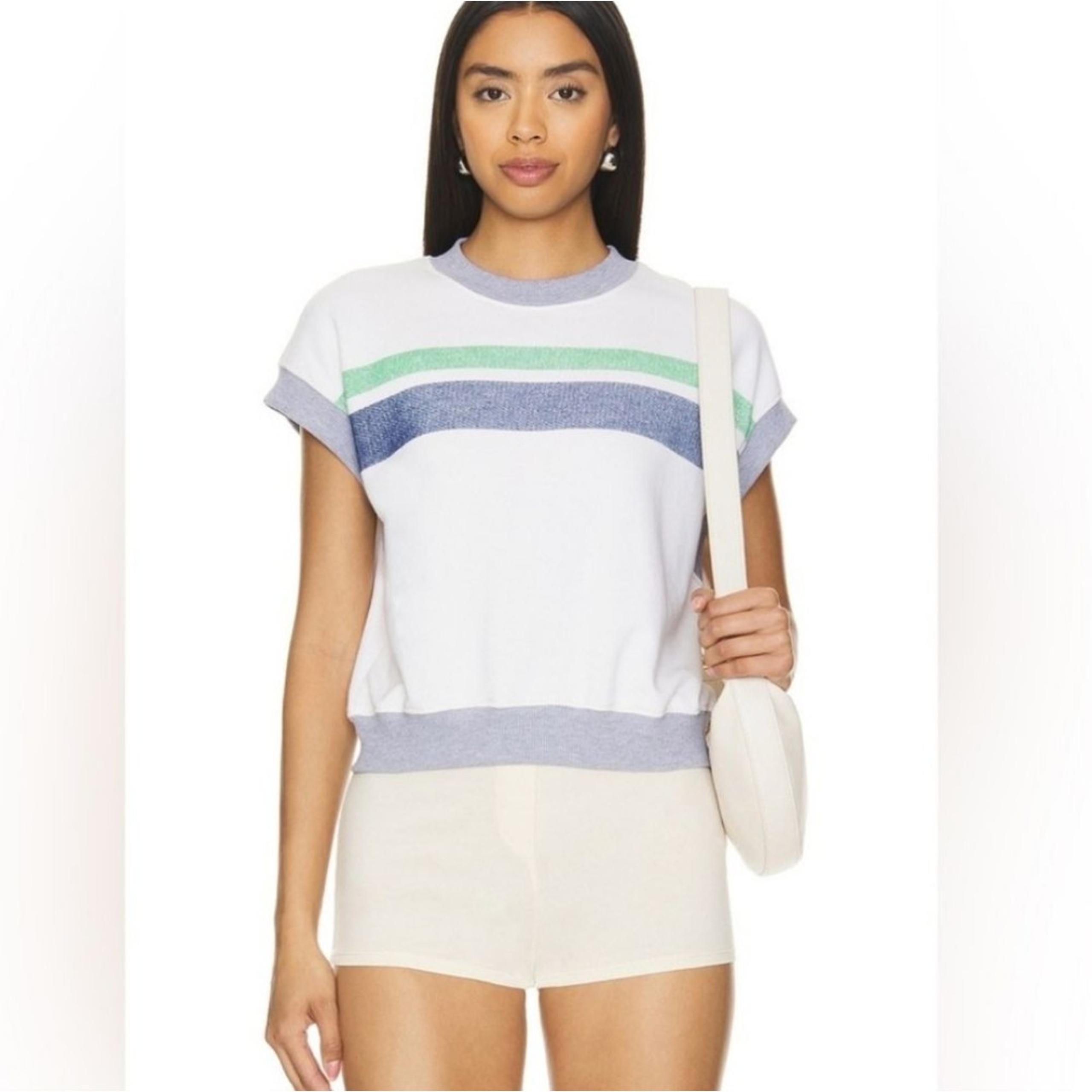 Anthropologie Sundry Short-Sleeve Lounge Top Size Large Cream Stripe Gray