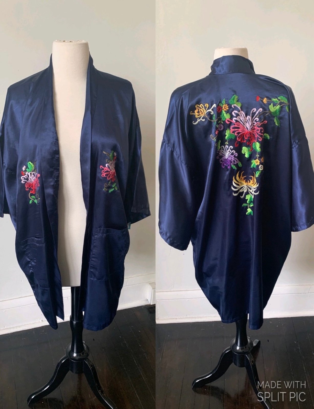 Vintage Kimono Robe Hand Embroidered Floral Kimono 1970's 70's Boho Satin Robe