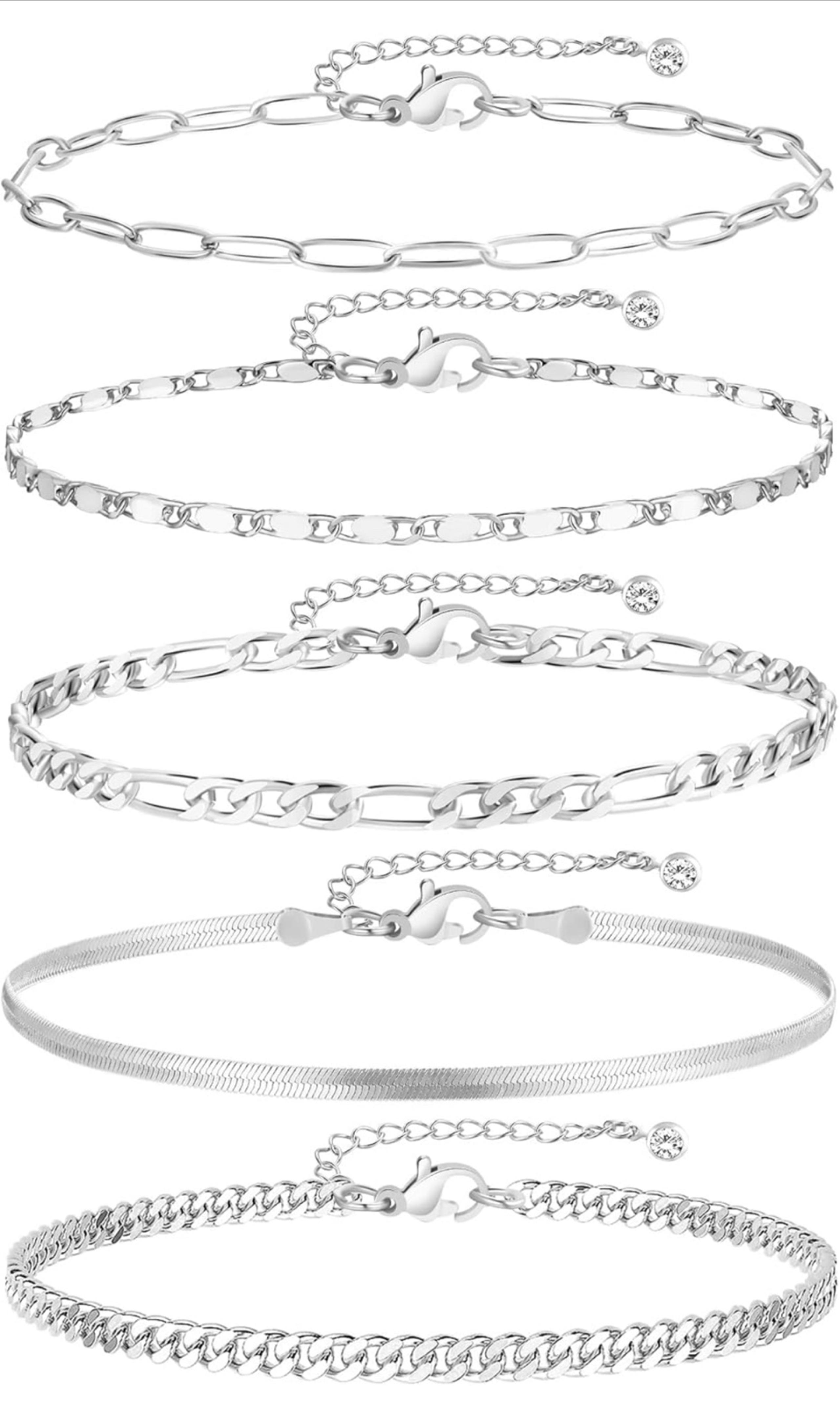 NWT 14k silver Plated Waterproof Cuban Link Chain Anklets Set, Layered Anklet