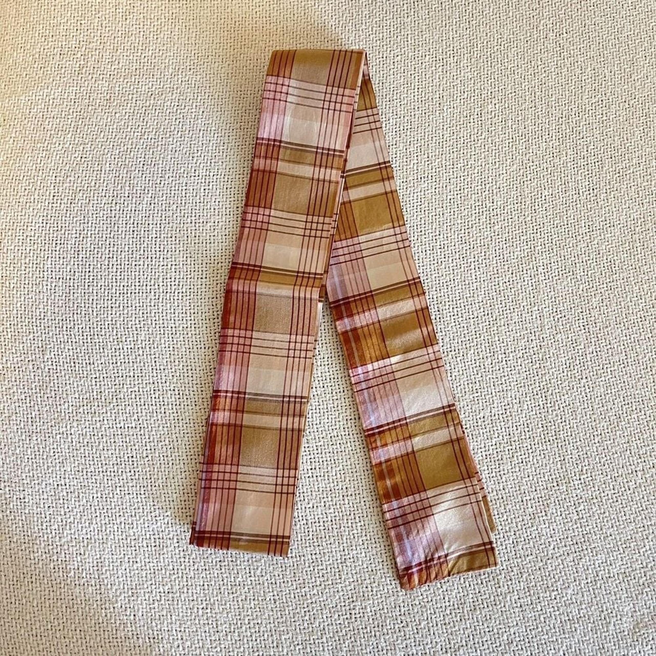 Vintage Groovy Mcm Patterned Tie Hair Neck Scarves 2x48 Red Yellow Plaid 70's