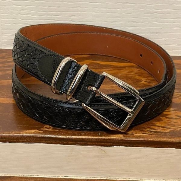 TORINO Ringmark Lizard Men’s Leather Belt Woven Black With Silver Buckle 36