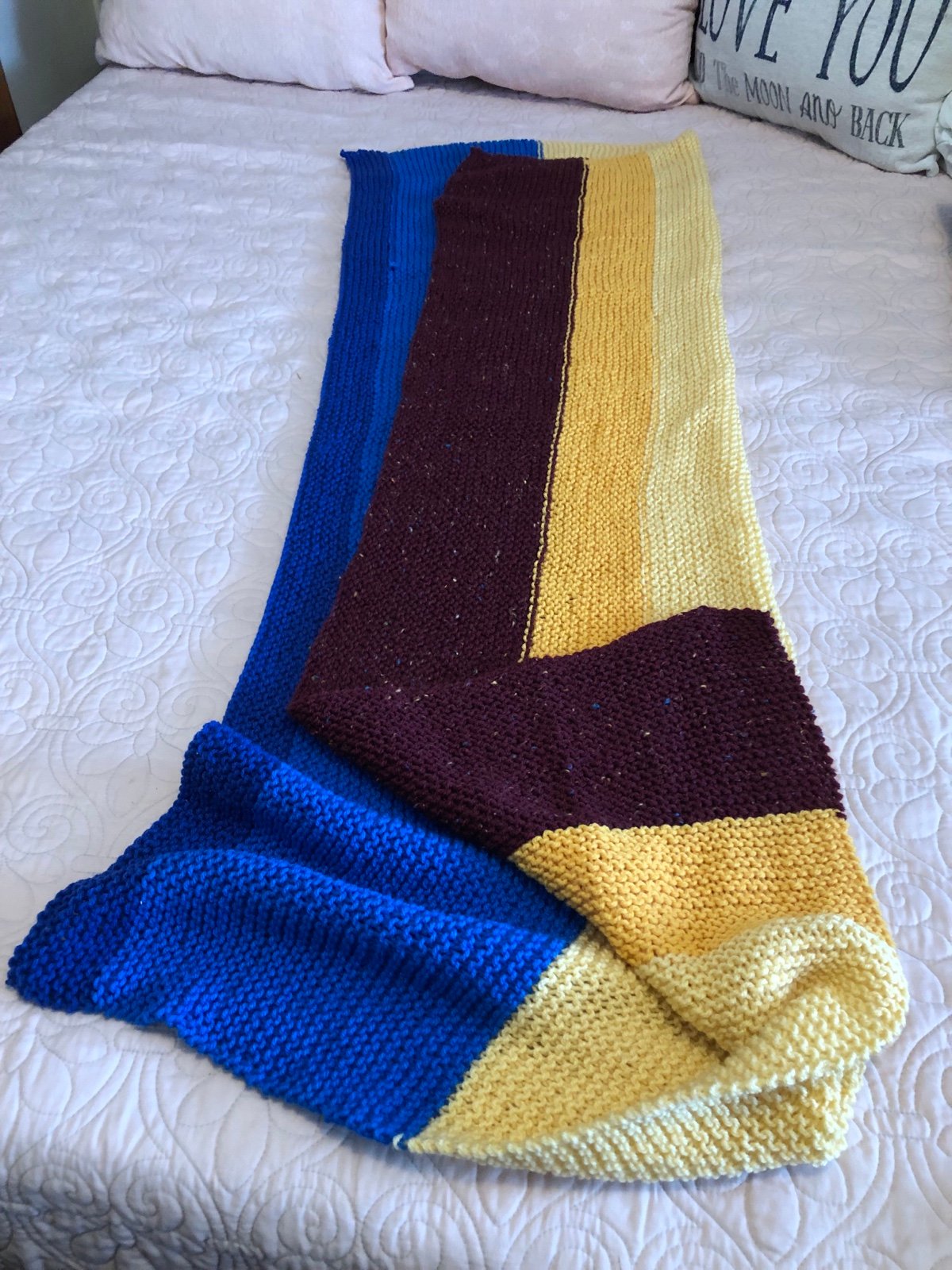 VTG Cottage Afghan Crochet 53” X 32” Blanket Throw Handmade Yellow Blue Mauve