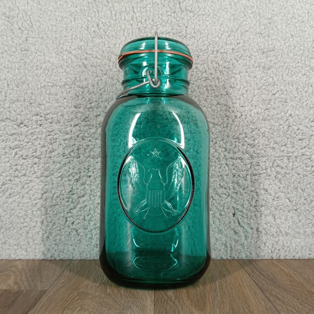 VTG Bicentennial Eagle Ball Green Half Gallon Canning Jar Glass Rubber Wire Lid