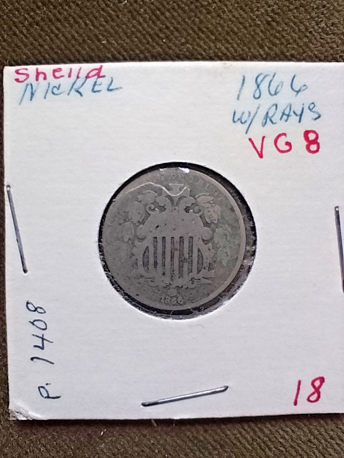 1866 Shield Nickel 5 Cent Piece With Rays, Very Good VG Condition