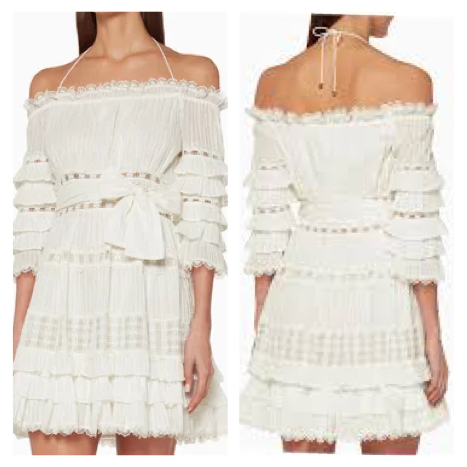 ZIMMERMAN Corsair Off Shoulder Ruffle Tiered Ivory Lace Mini Dress Sz US 4/6