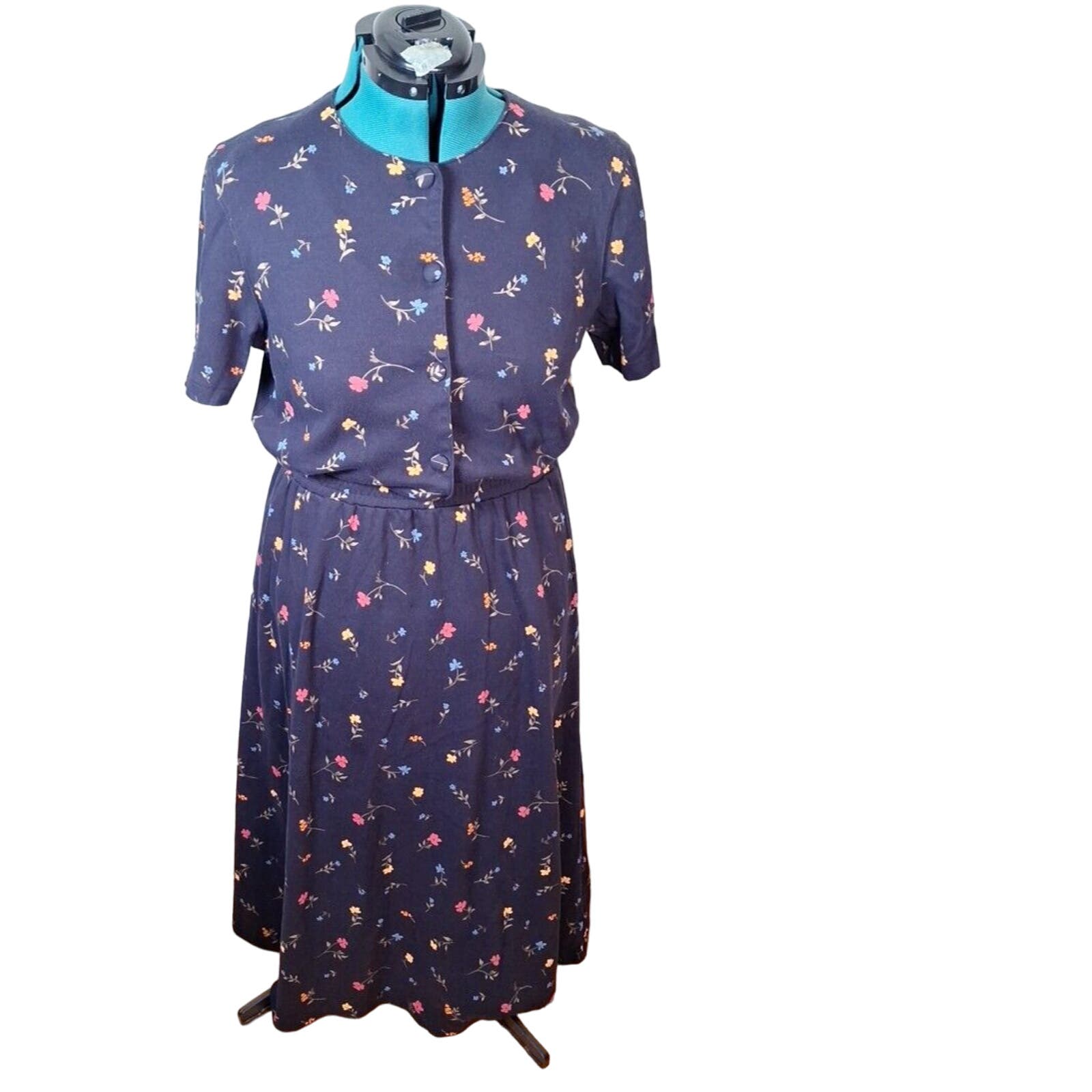 Vintage Talbots Navy Blue Cotton Floral Midi Skirt Top Set Women Size M