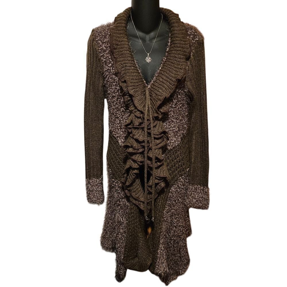 Sioni Elegant Brown Knit Long Cardigan