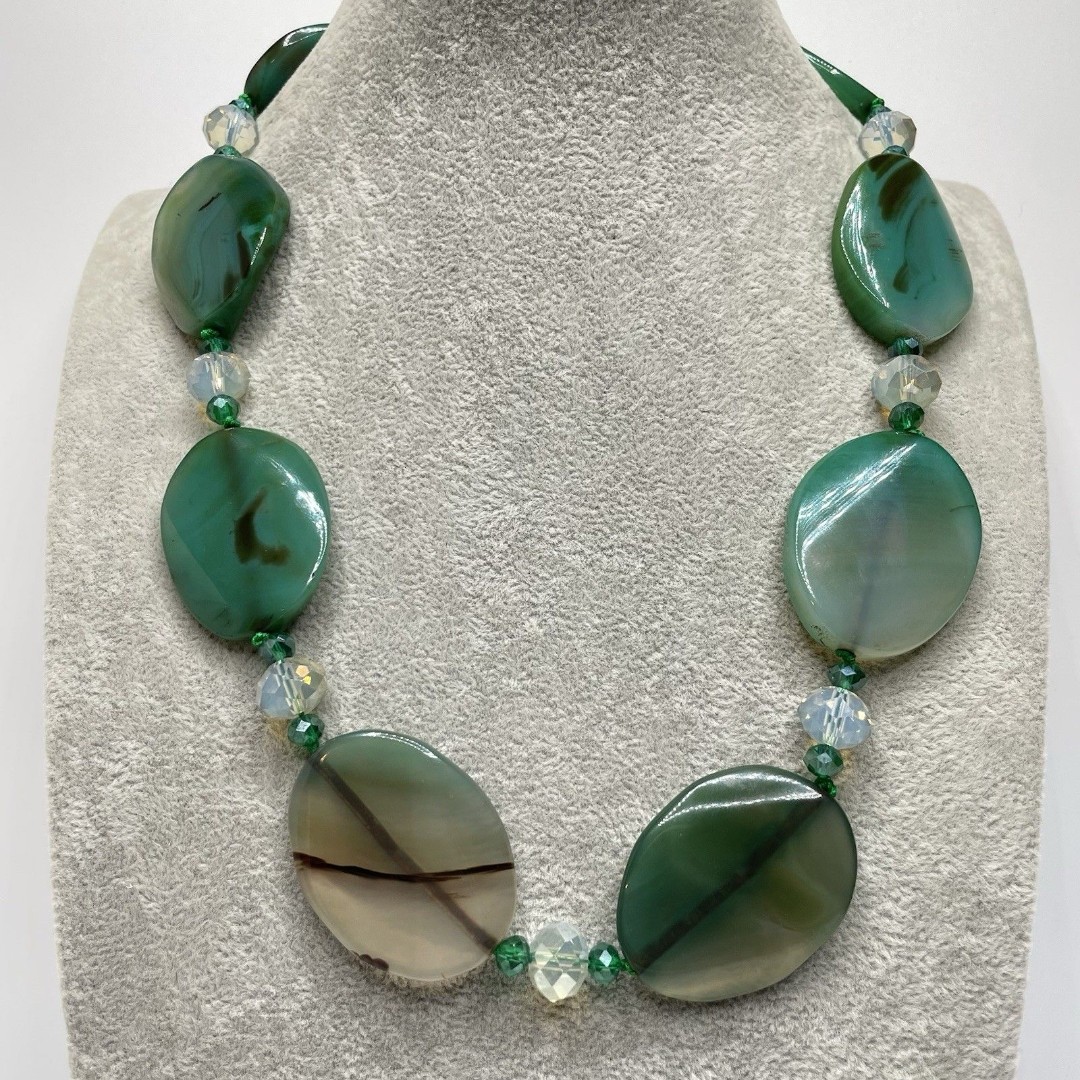 Artisan Handcrafted Blue Green Agate Gemstone Chunky Bold Necklace Beaded