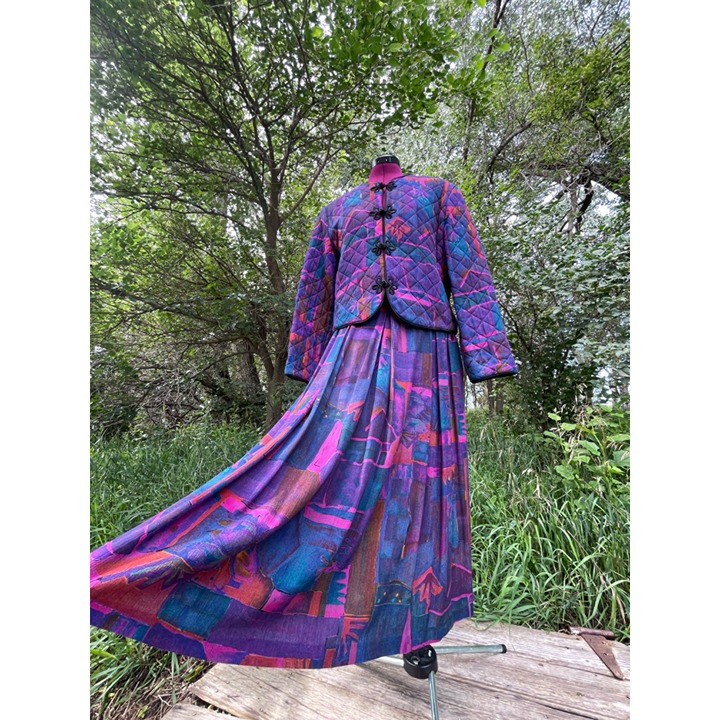 Vintage 1980s Rayon Quilted Rayon Jacket Suit Skirt Set Size 12