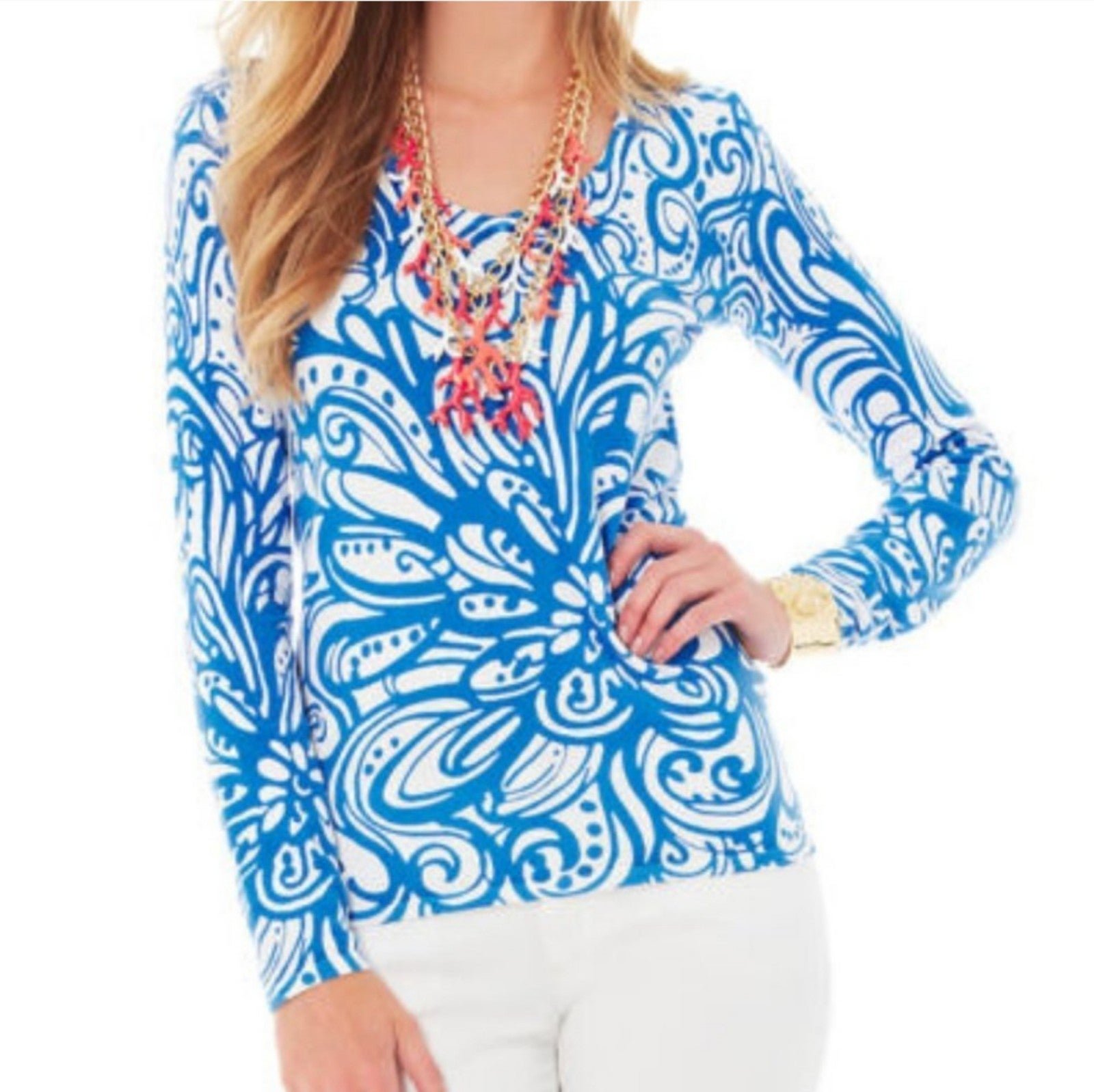 Lilly Pulitzer Preppy Blue & White V-Neck Pullover Coastal Sweater Top