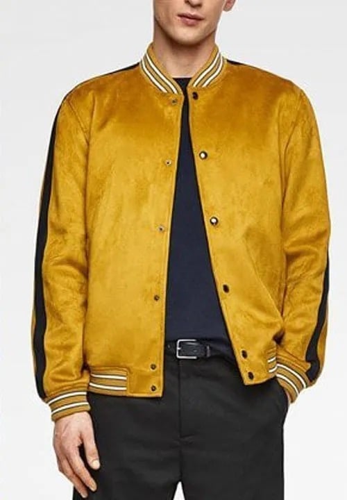 Zara Vintage-Style Yellow Varsity Jacket with Black Stripes - Size S