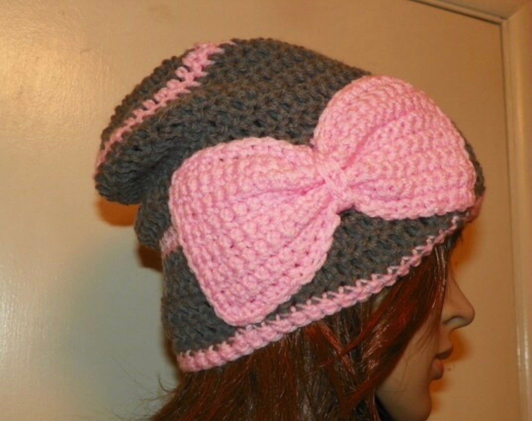 Gray Slouch with Pink Bow and trim Hand Crochet