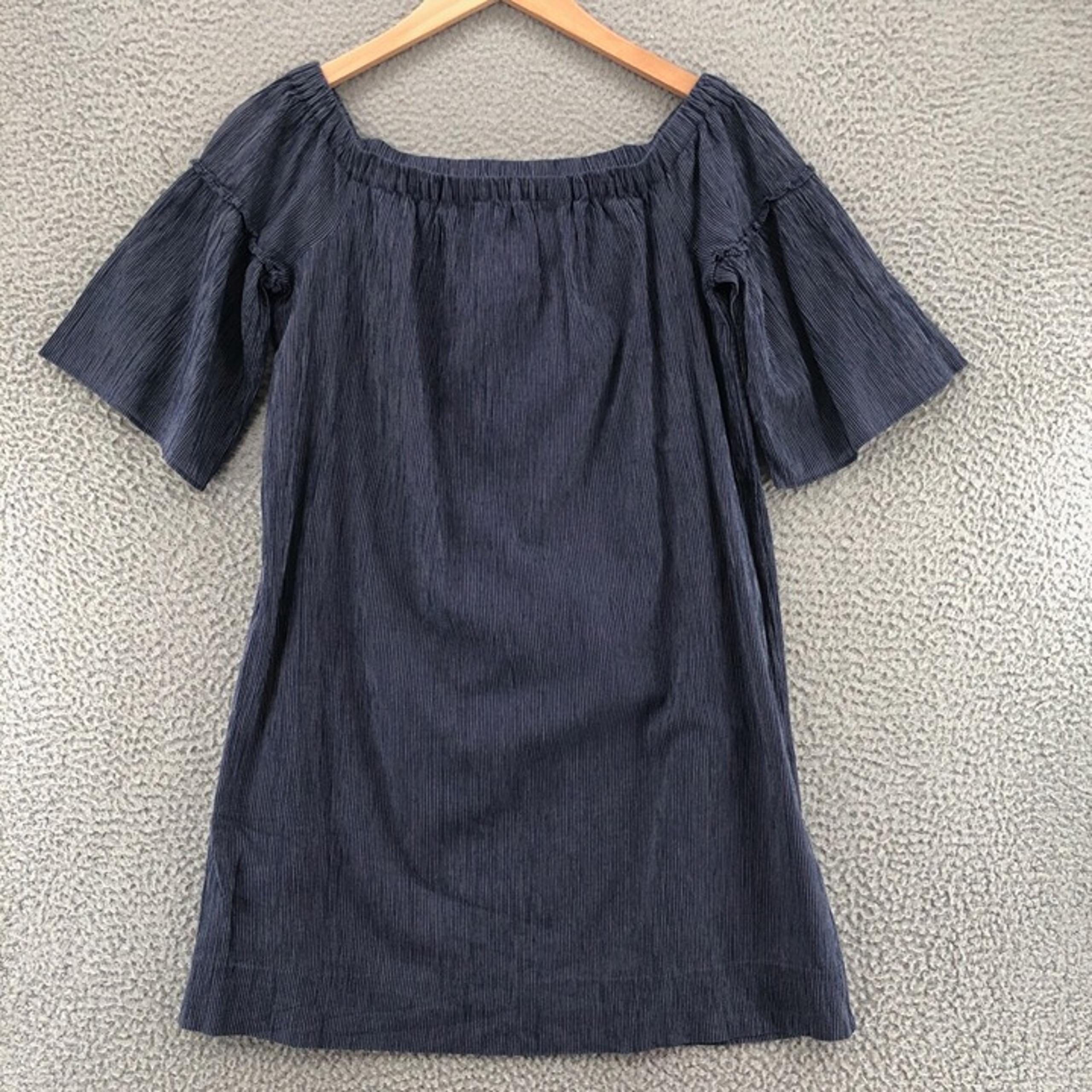Madewell Dress Womens 4 Navy Striped Shift Off Shoulder Mini Raglan 3/4 Sleeve