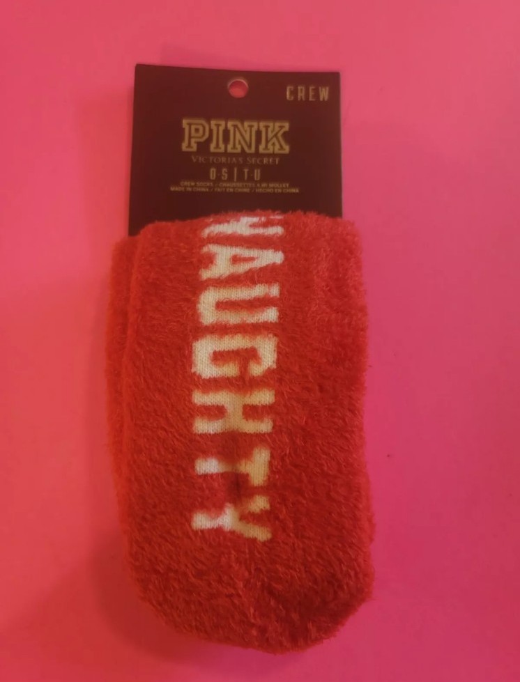 New Victoria's Secret PINK NAUGHTY RED Fuzzy Crew Socks