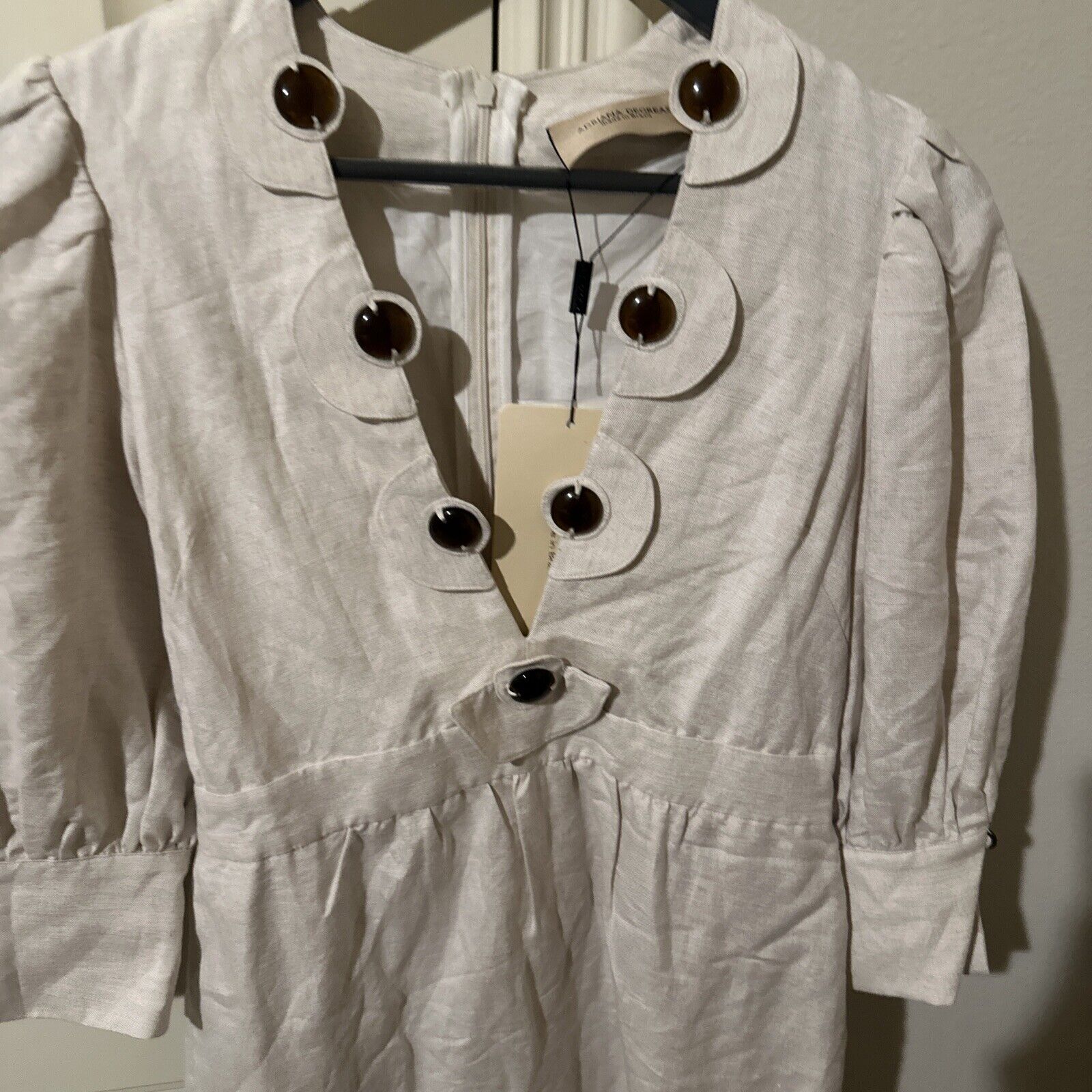 ADRIANA DEGREAS Solid Short Sleeve Dress Beige Linen S NWT