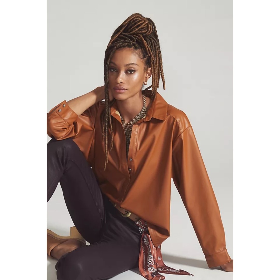 NWT ANTHROPOLOGIE faux leather lightweight brown cedar collared shirt size 3X