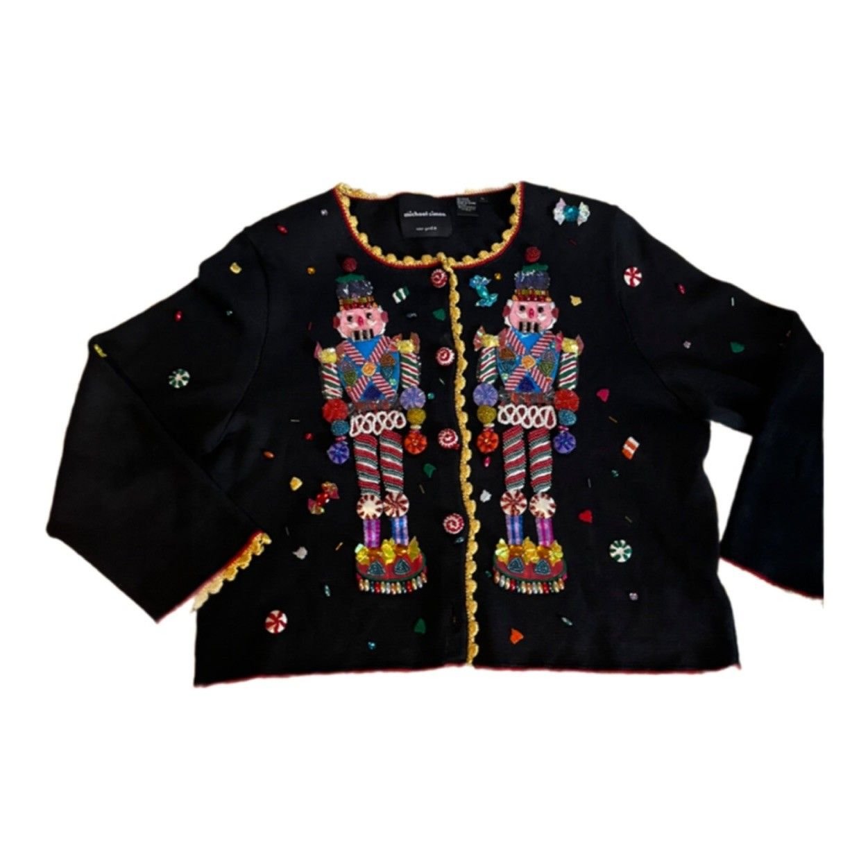 Michael Simon Christmas Nutcracker Beaded Embellished Button Up Cardigan Size XL