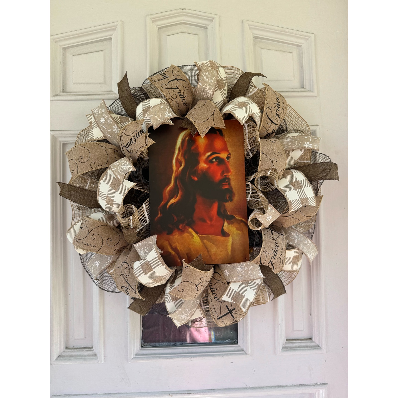 Everyday Year Round Neutral Jesus Mesh Ribbon Wreath Front Door Hanger Decor